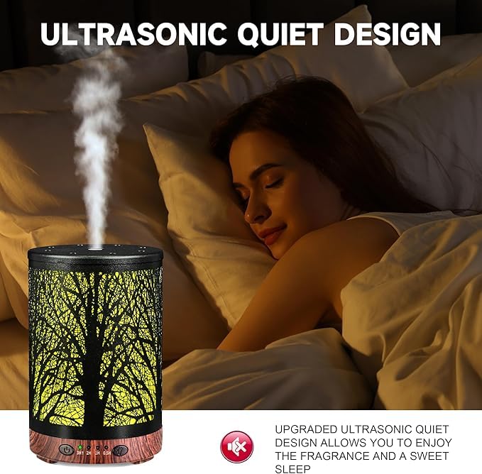 Essential Oil Diffuser 120ML Metal Aromatherapy Diffuser with Timer, Cool Mist Humidifier with Auto Shut-Off & 7 Color Lights for Home Office Spa (Tree)