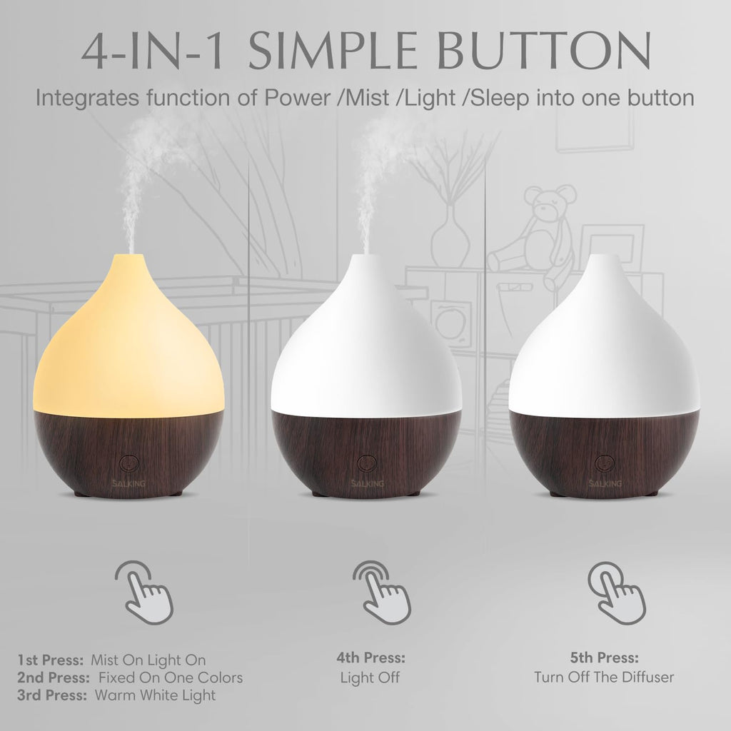 SALKING Essential Oil Diffuser, 100ml Small Aromatherapy Diffuser with Auto Shut-Off Function, Ultrasonic Diffusers for Essential Oils, Cool Mist Humidifier with Warm White Lights, for Office Home