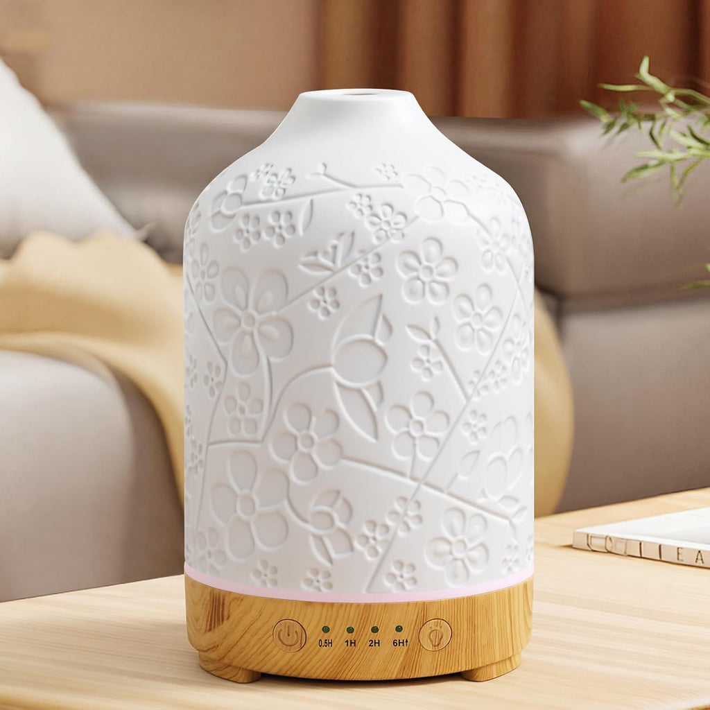 Aromatherapy Essential Oil Diffuser 150ml Ceramic Ultrasonic Aroma Oil Diffuser Humidifier Whisper Quiet Timer Setting 7 LED Colors Changing Lights for Home Office (Cherry Blossom)