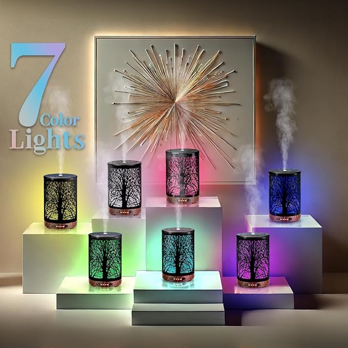 Essential Oil Diffuser 120ML Metal Aromatherapy Diffuser with Timer, Cool Mist Humidifier with Auto Shut-Off & 7 Color Lights for Home Office Spa (Tree)