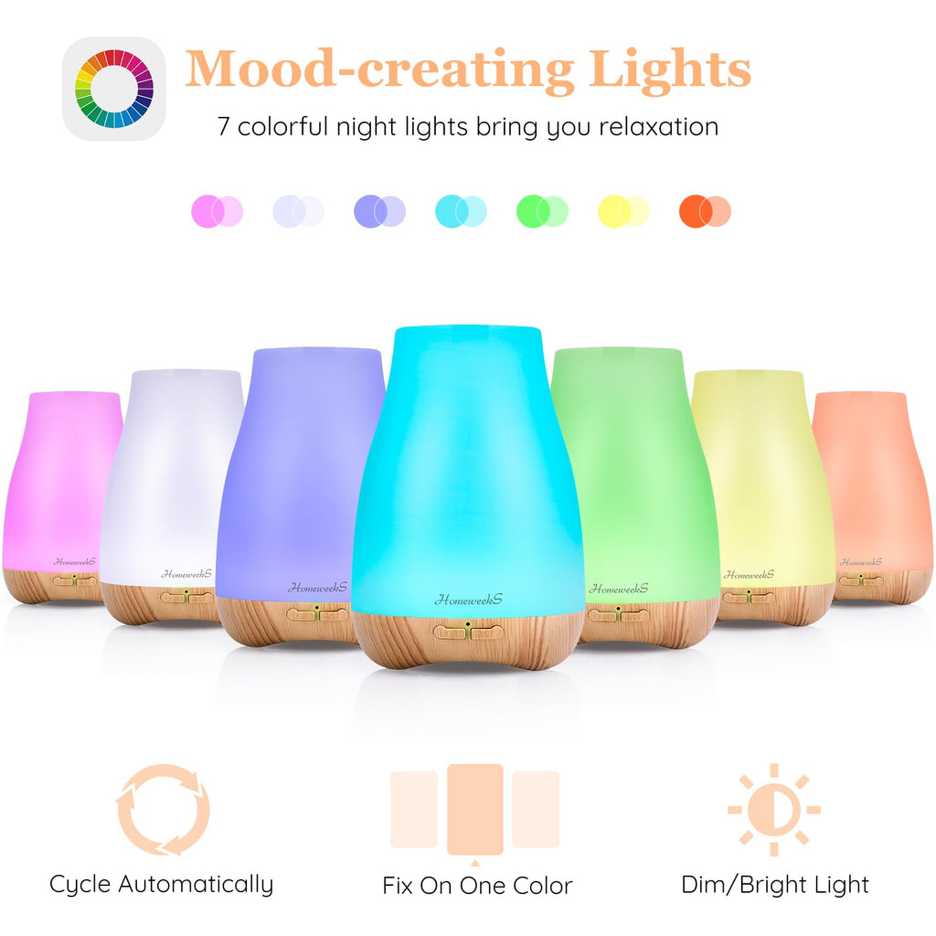 Homeweeks Diffusers, 100ml Colorful Essential Oil Diffuser with Adjustable Mist Mode, Auto Off Aroma for Bedroom/Office/Trip (100 ML 1 Pack)