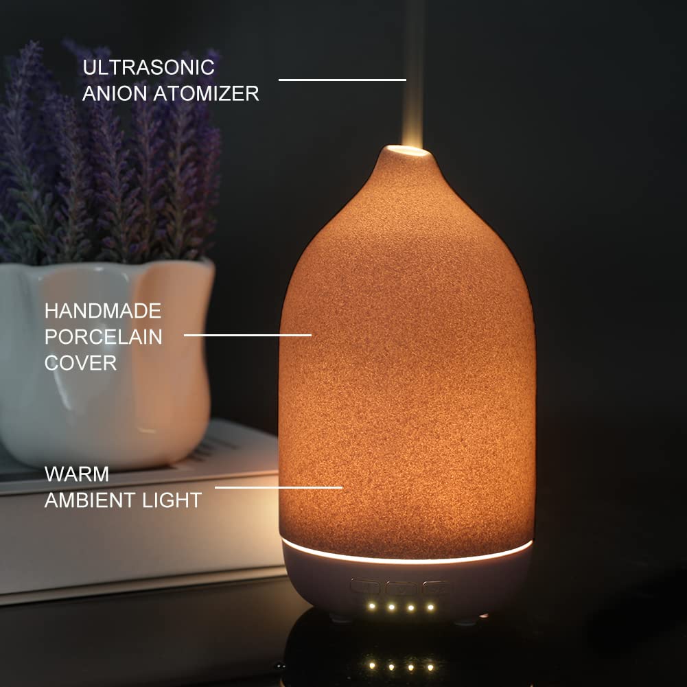 Essential Oil Diffusers, Aromatherapy Diffuser for Essential Oils, 100ml Ceramic Oil Diffusers for Large Room - 5 Timers, Warm Ambient Light, Auto-Off