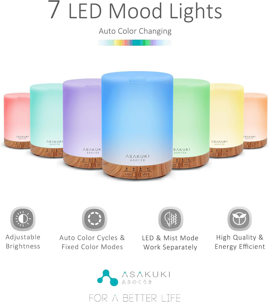 ASAKUKI 300ML Essential Oil Diffuser, Quiet 5-in-1 Premium Humidifier, Valentine's Day Gift, Home Fragrance Aroma Diffuser with 7 LED Color Changing Light and Auto-Off Switch -Light Brown