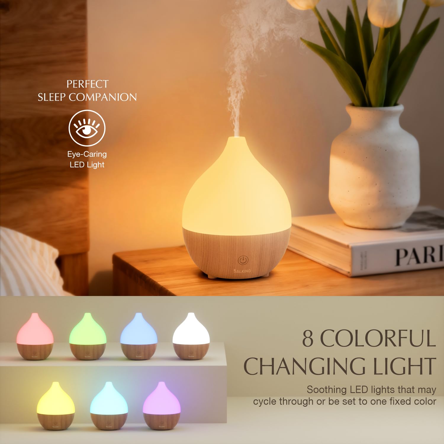 SALKING Essential Oil Diffuser, 100ml Small Aromatherapy Diffuser with Auto Shut-Off Function, Ultrasonic Diffusers for Essential Oils, Cool Mist Humidifier with Warm White Lights, for Office Home
