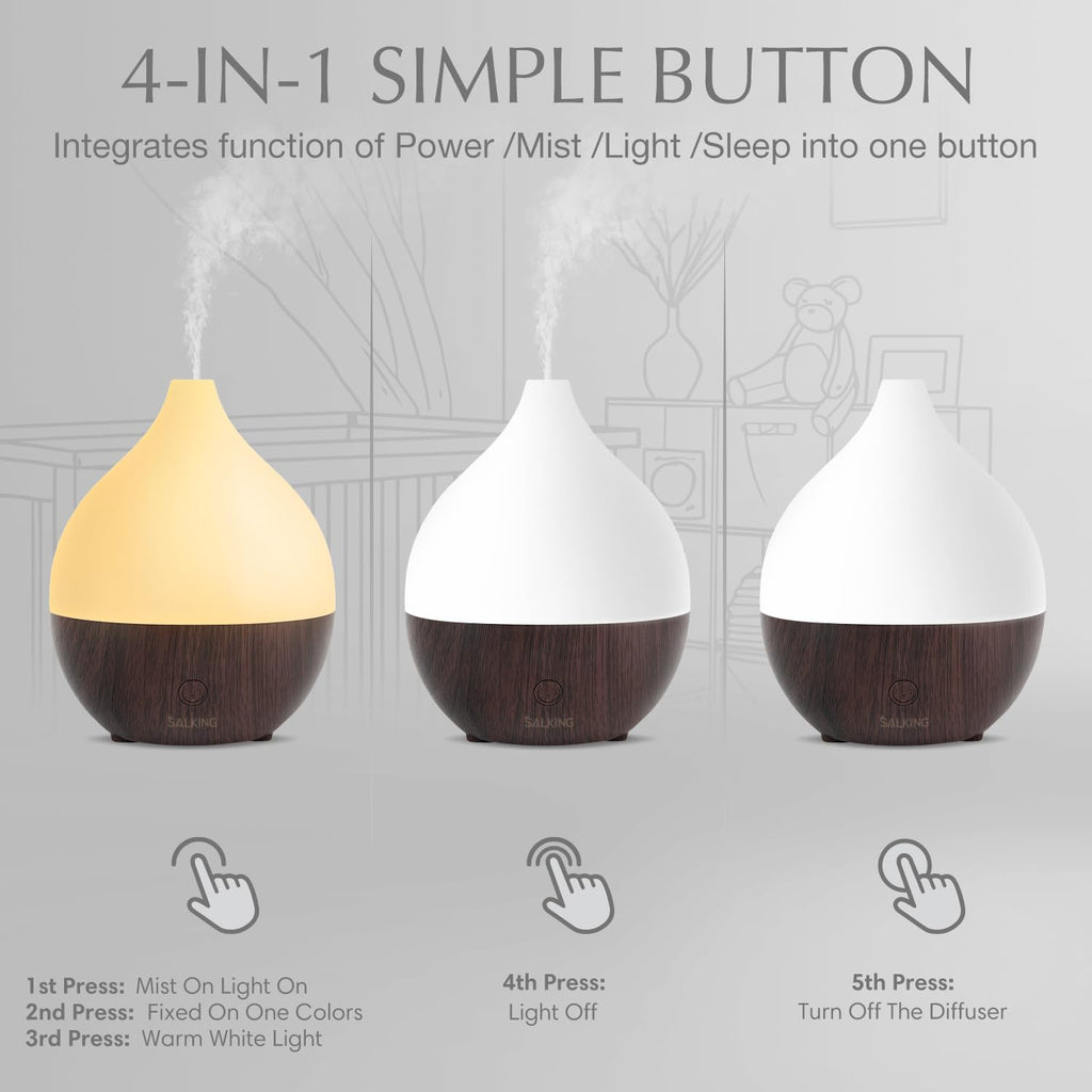 SALKING Essential Oil Diffuser, 100ml Small Aromatherapy Diffuser with Auto Shut-Off Function, Ultrasonic Diffusers for Essential Oils, Cool Mist Humidifier with Warm White Lights, for Office Home