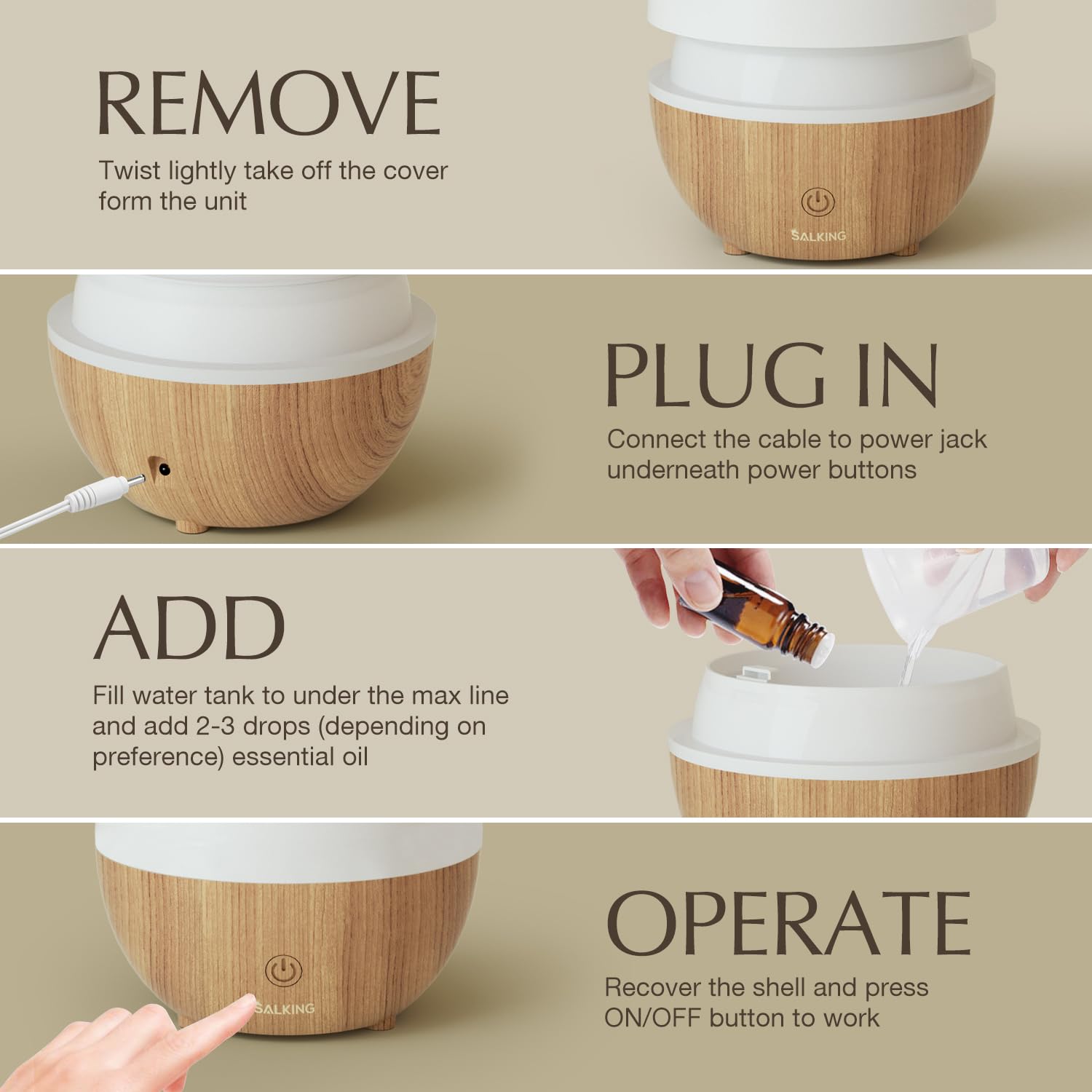 SALKING Essential Oil Diffuser, 100ml Small Aromatherapy Diffuser with Auto Shut-Off Function, Ultrasonic Diffusers for Essential Oils, Cool Mist Humidifier with Warm White Lights, for Office Home