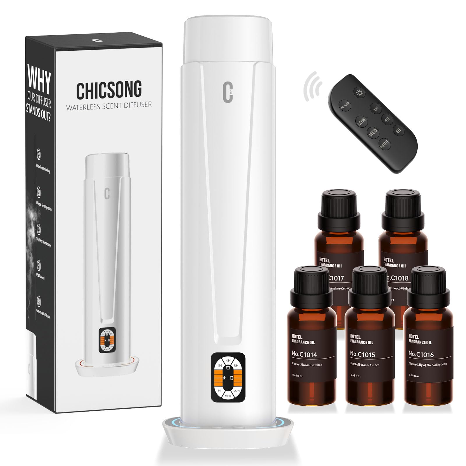 Waterless Scent Diffuser – 1200 Sq Ft Coverage, Essential Oil Diffuser with Remote Control, Quiet Aromatherapy Diffuser with LED Light & Timer, Scent Air Machine for Home, Office, Hotel