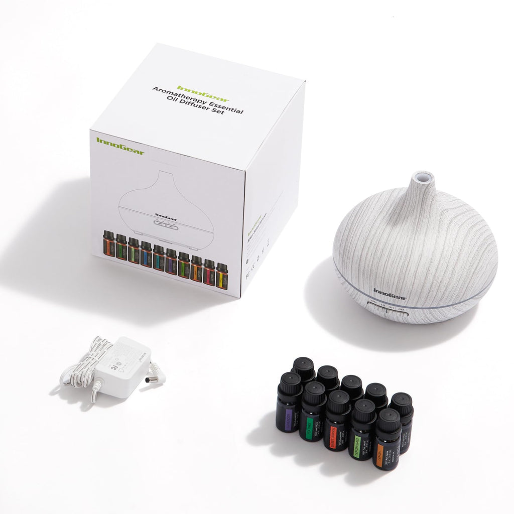 InnoGear Aromatherapy Diffuser & 10 Essential Oils Set, 400ml Diffuser Ultrasonic Diffuser Cool Mist Humidifier with 4 Timers 7 Colors Light Waterless Auto Off for Large Room Office, Dark Wood Grain