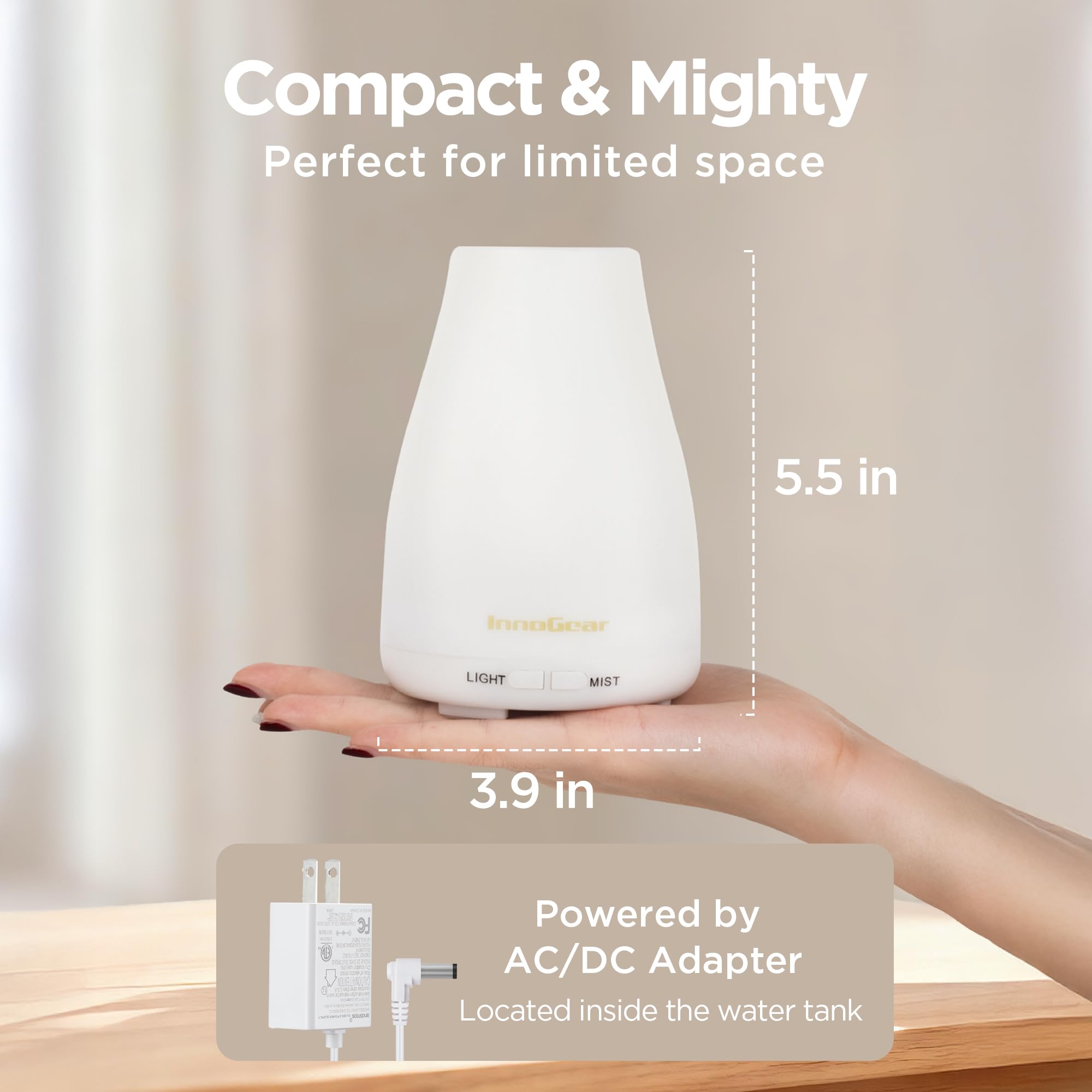 InnoGear Essential Oil Diffuser, Ultrasonic Diffusers for Home Aromatherapy Humidifier for Bedroom Room 7 Colors LED 2 Mist Mode Auto Off, Basic White