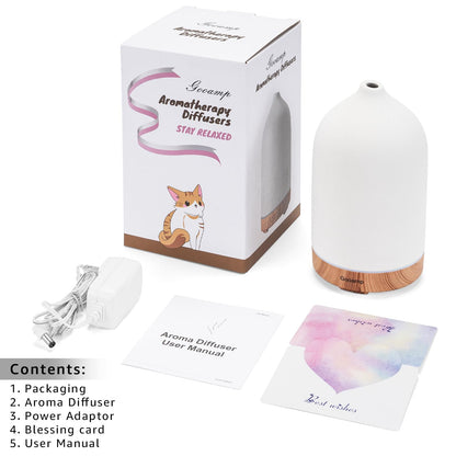 200ML Ceramic Essential Oil Diffuser - Ultrasonic Aromatherapy & Humidifier with 7-Color LED Lights, Auto Shut-Off, Wood Grain Base, 1H/3H/6H Timer | Scent for Home, Office, Yoga