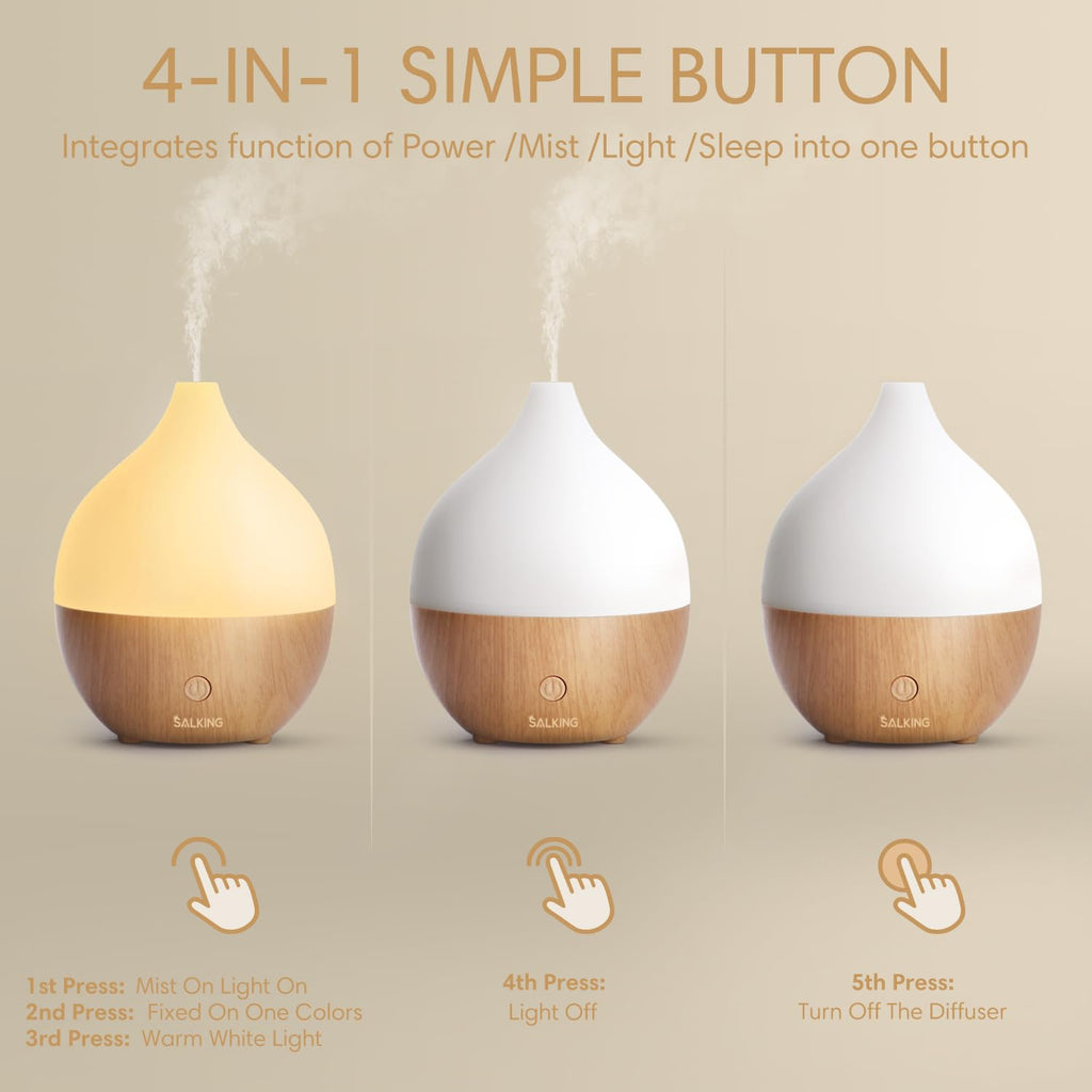 SALKING Essential Oil Diffuser, 100ml Small Aromatherapy Diffuser with Auto Shut-Off Function, Ultrasonic Diffusers for Essential Oils, Cool Mist Humidifier with Warm White Lights, for Office Home