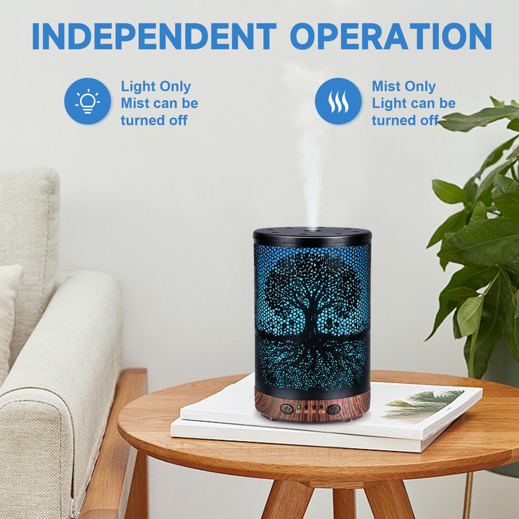 Essential Oil Diffuser 120ML Metal Aromatherapy Diffuser with Timer, Cool Mist Humidifier with Auto Shut-Off & 7 Color Lights for Home Office Spa (Tree)
