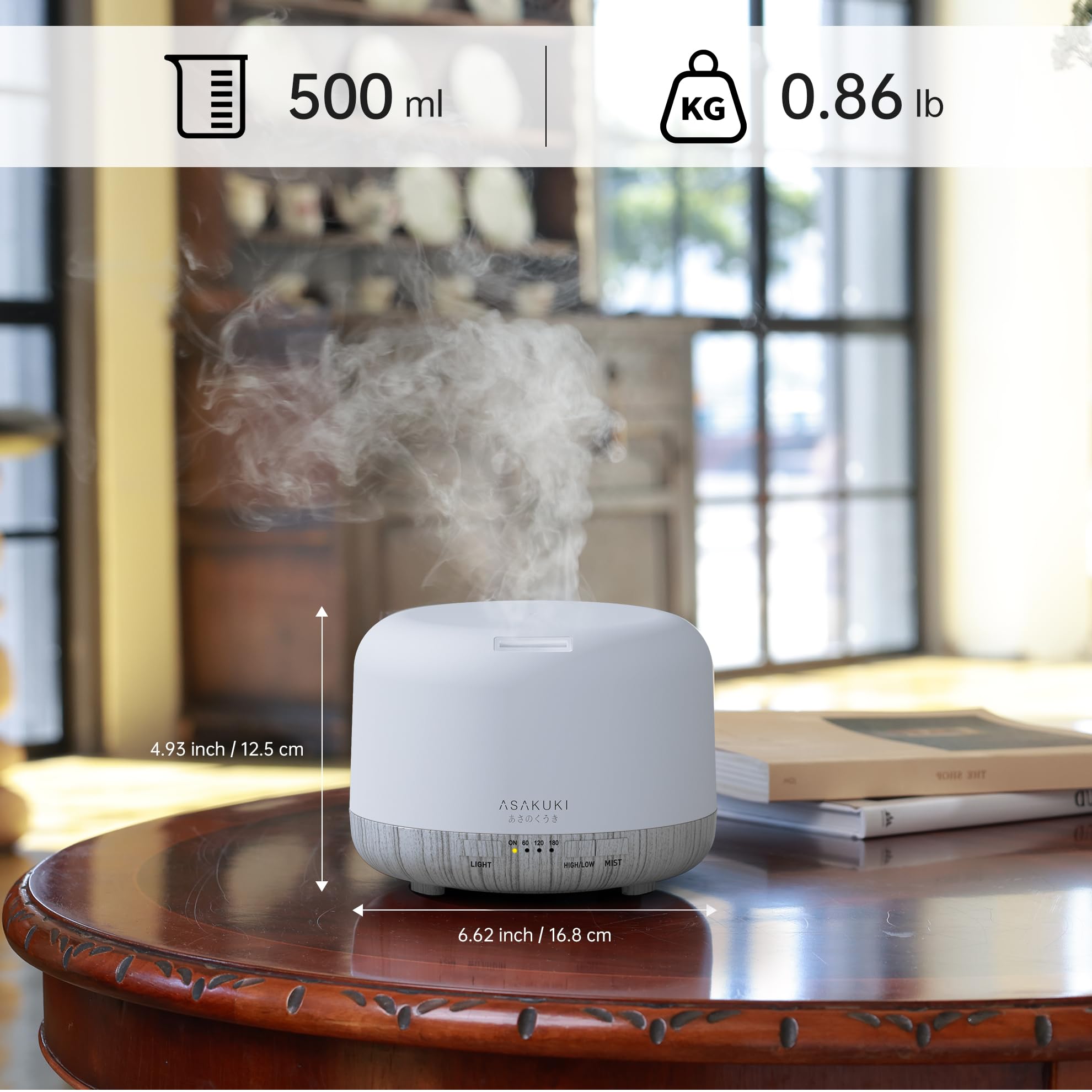 ASAKUKI Essential Oil Diffuser 500ml, Ultrasonic Aromatherapy Humidifier with Remote Control, 7 LED Colors, Timer & Auto-Off, Large Room Diffuser Valentine's Gift (Yellow)