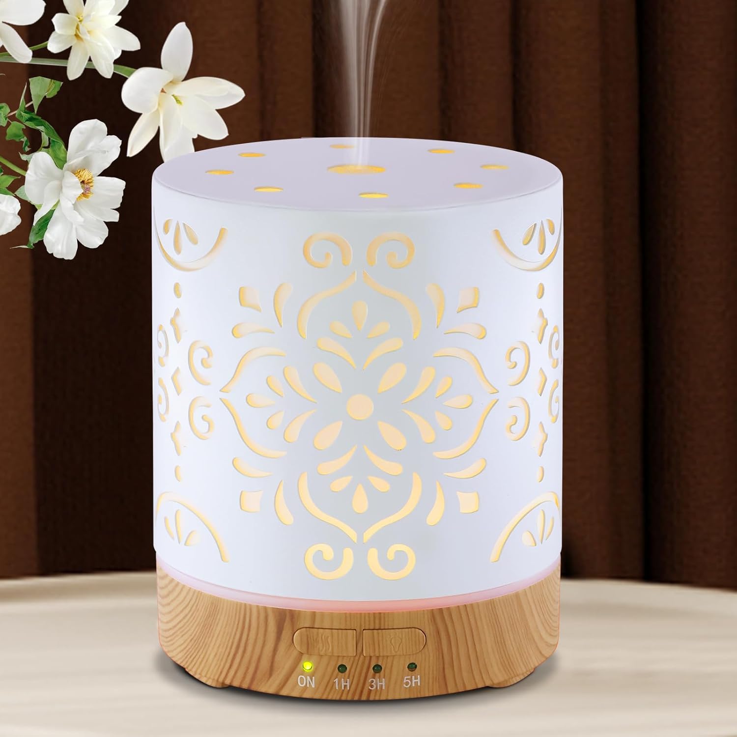 Essential Oil Diffuser for Home - 300ML Metal Aromatherapy Diffuser with Auto Shut-Off Protection & 4 Timers, Ultrasonic Humidifier with 7 Colors Lights for Large Room, Home Office Décor(White Flower)
