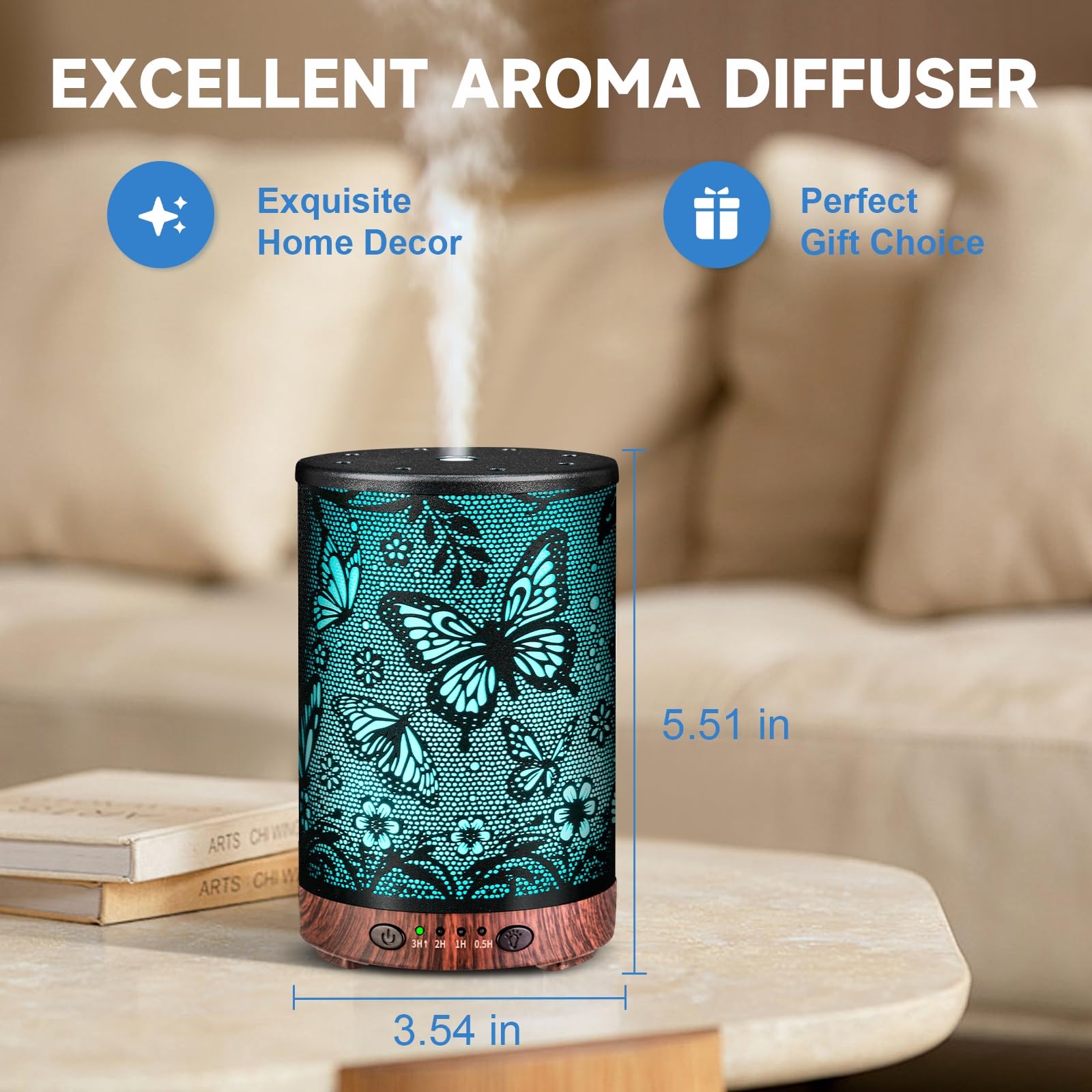 Essential Oil Diffuser 120ML Metal Aromatherapy Diffuser with Timer, Cool Mist Humidifier with Auto Shut-Off & 7 Color Lights for Home Office Spa (Tree)