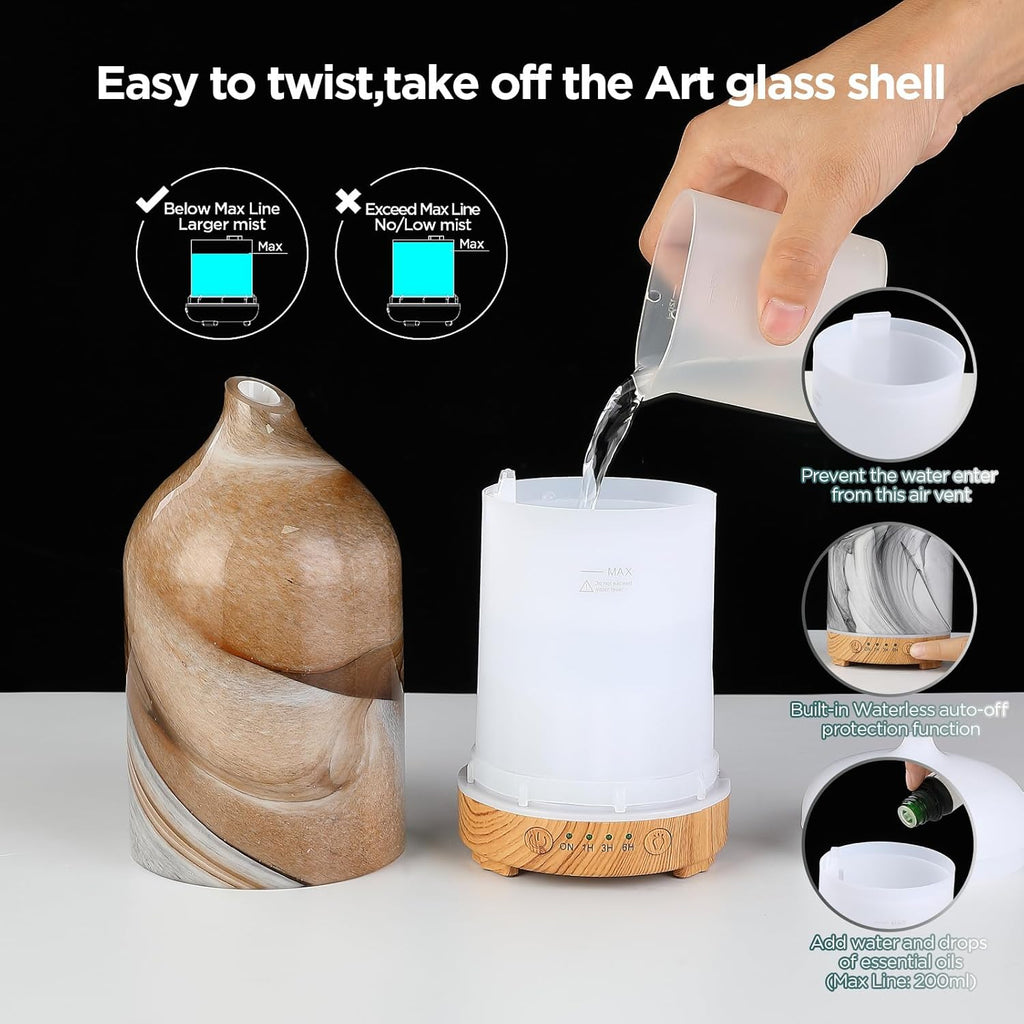 Essential Oil Diffuser Hand Blown Glass Aromatherapy Diffuser - Ultrasonic Cool Mist Scent Aroma Diffuser, Whisper Quiet with Auto Shut-Off, Timer Setting &7 Colors Night Light for Home