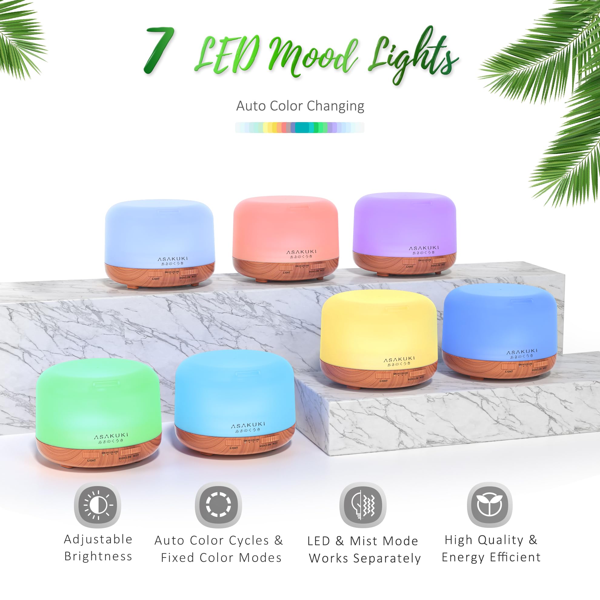 ASAKUKI Essential Oil Diffuser 500ml, Ultrasonic Aromatherapy Humidifier with Remote Control, 7 LED Colors, Timer & Auto-Off, Large Room Diffuser Valentine's Gift (Yellow)