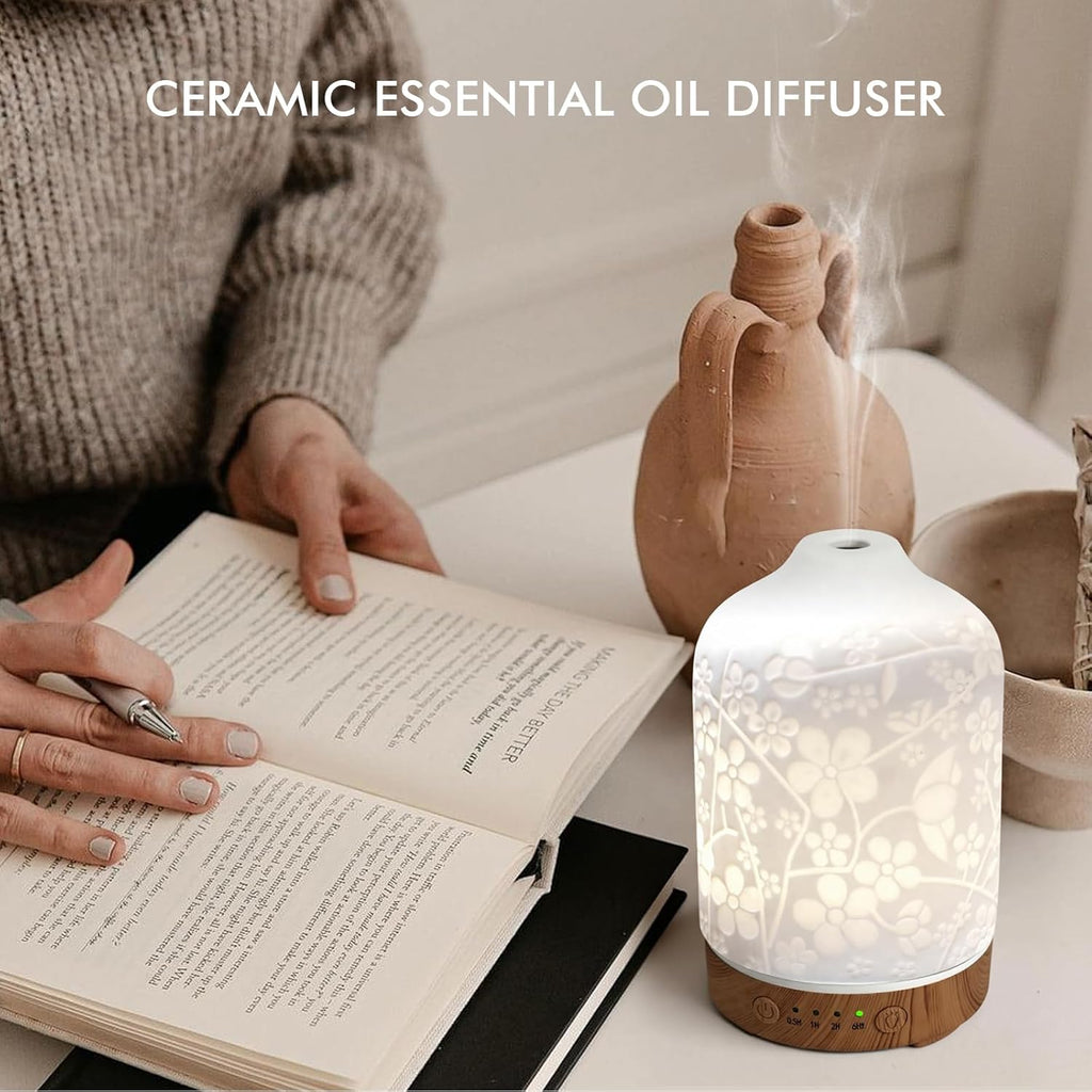 Aromatherapy Essential Oil Diffuser 150ml Ceramic Ultrasonic Aroma Oil Diffuser Humidifier Whisper Quiet Timer Setting 7 LED Colors Changing Lights for Home Office (Cherry Blossom)