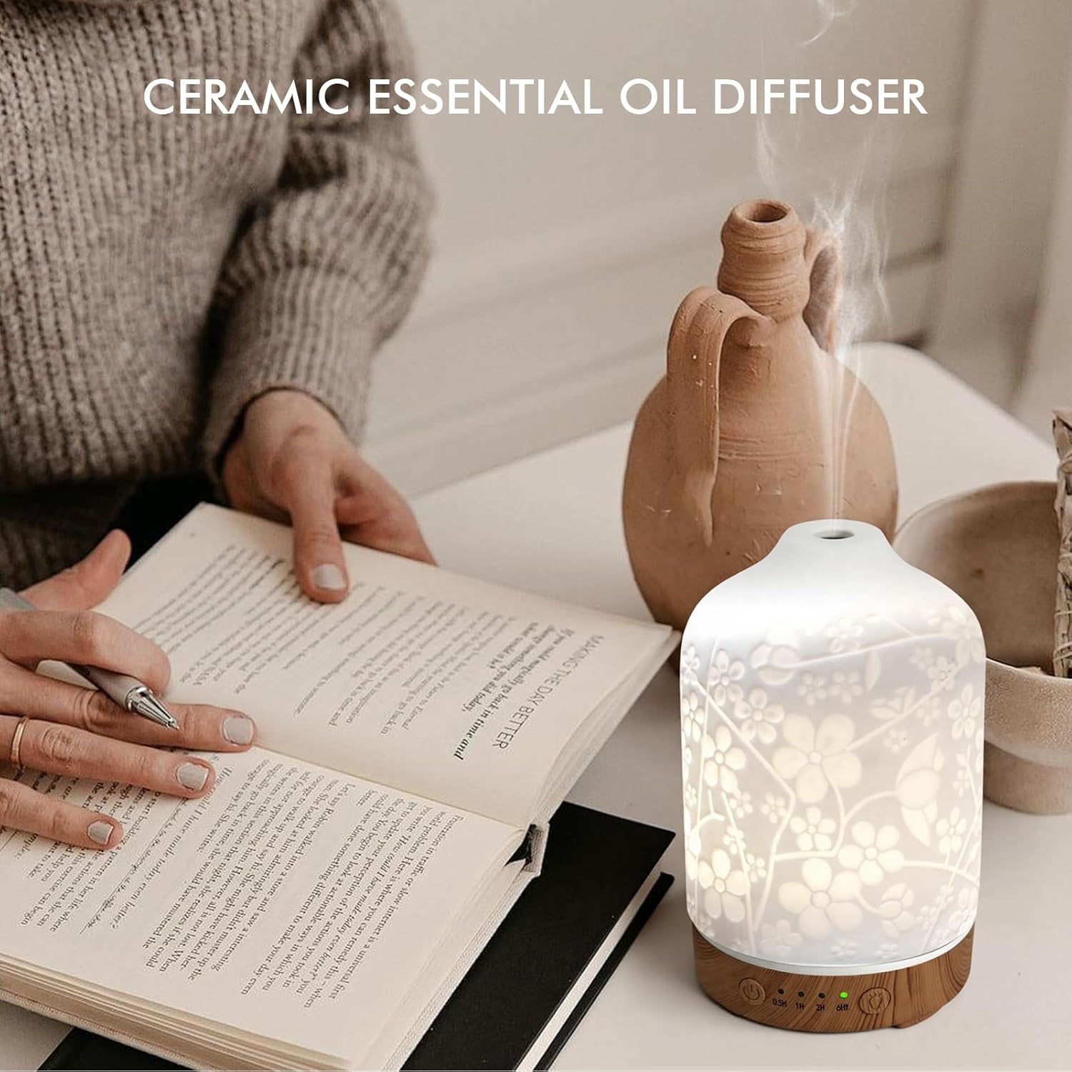 Aromatherapy Essential Oil Diffuser 150ml Ceramic Ultrasonic Aroma Oil Diffuser Humidifier Whisper Quiet Timer Setting 7 LED Colors Changing Lights for Home Office (Cherry Blossom)