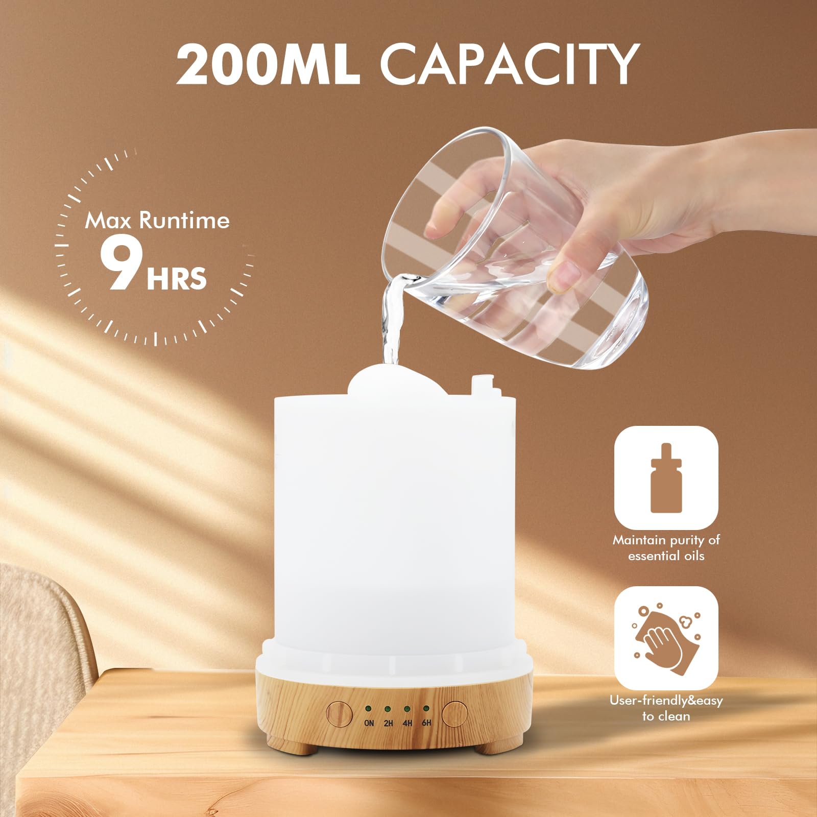 Essential Oil Diffuser 200ml-Ultrasonic Aroma Diffuser with 4 Timers, Aromatherapy Diffuser 7 Color LED Lights with Auto Shut-Off Protection for Home Office Yoga Valentine Gift (Ceramic White)