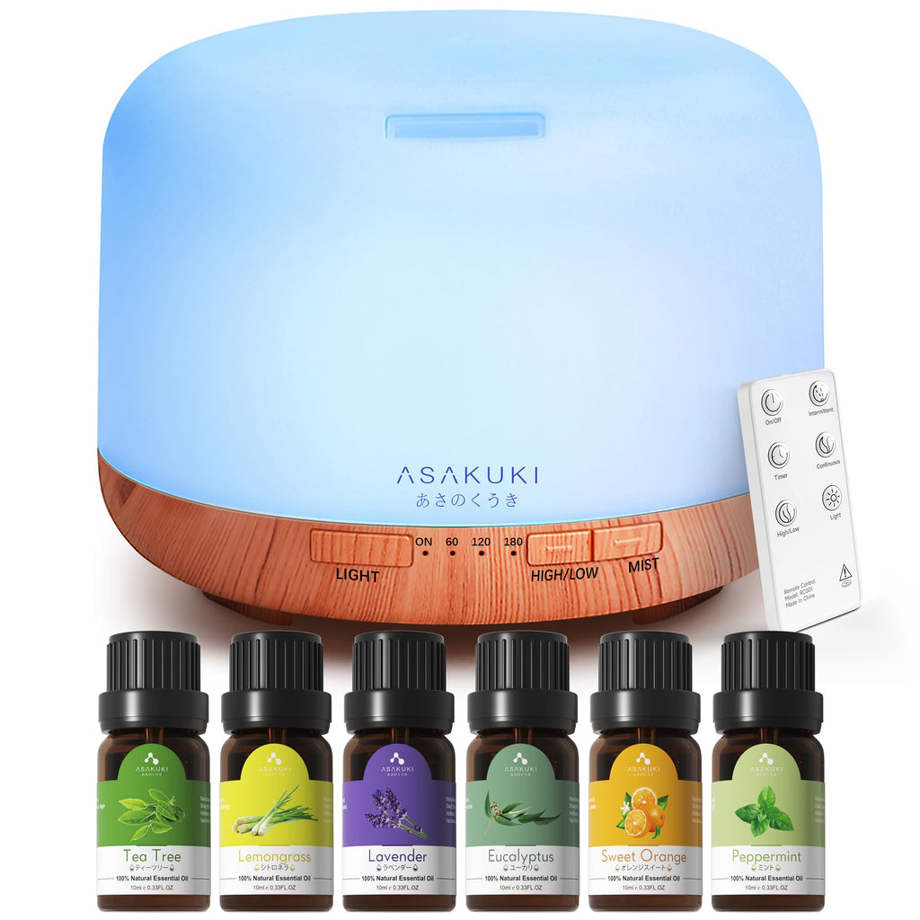 ASAKUKI Essential Oil Diffuser 500ml, Ultrasonic Aromatherapy Humidifier with Remote Control, 7 LED Colors, Timer & Auto-Off, Large Room Diffuser Valentine's Gift (Yellow)
