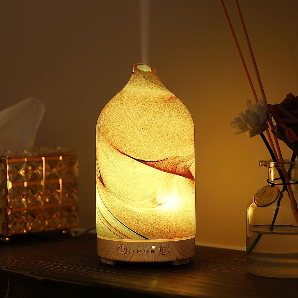 Essential Oil Diffuser Hand Blown Glass Aromatherapy Diffuser - Ultrasonic Cool Mist Scent Aroma Diffuser, Whisper Quiet with Auto Shut-Off, Timer Setting &7 Colors Night Light for Home