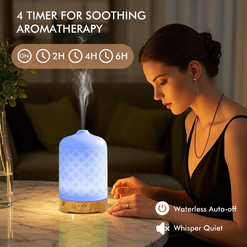 Essential Oil Diffuser 200ml-Ultrasonic Aroma Diffuser with 4 Timers, Aromatherapy Diffuser 7 Color LED Lights with Auto Shut-Off Protection for Home Office Yoga Valentine Gift (Ceramic White)