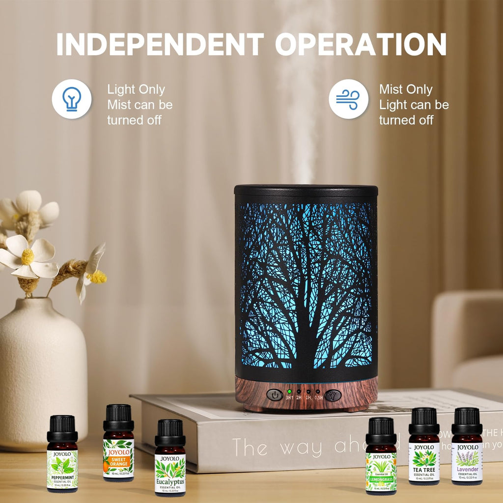 Essential Oil Diffuser 120ML Metal Aromatherapy Diffuser with Timer, Cool Mist Humidifier with Auto Shut-Off & 7 Color Lights for Home Office Spa (Tree)