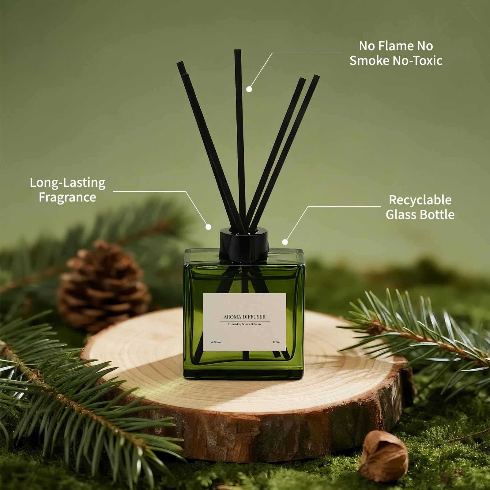 Reed Diffuser, 4 oz Earthy Sandalwood Scent Diffuser with 7 Sticks, Long Lasting Reed diffusers for Home, Elegant Fragrance for Bathroom Bedroom Office Decor, Air Fresh