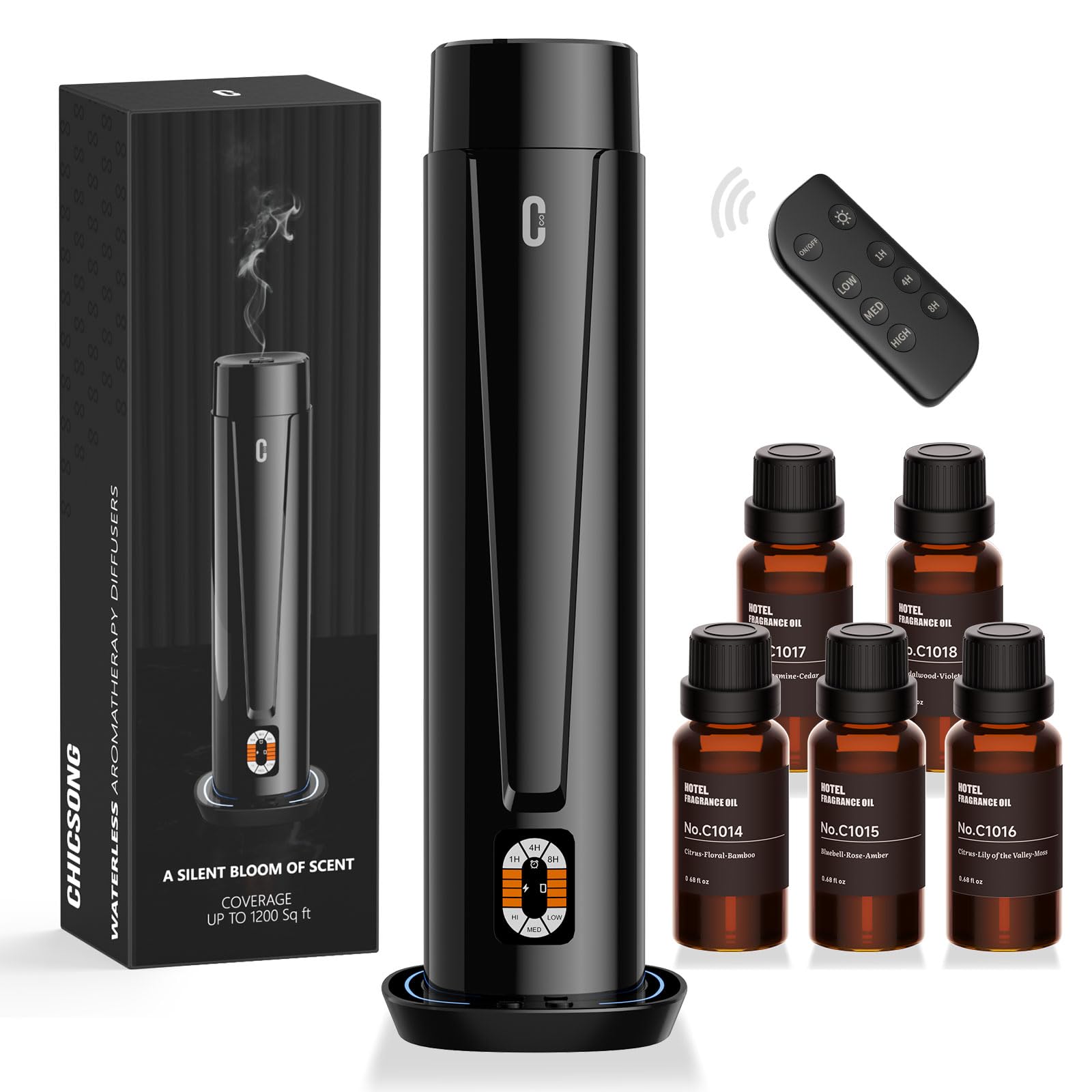 Waterless Scent Diffuser – 1200 Sq Ft Coverage, Essential Oil Diffuser with Remote Control, Quiet Aromatherapy Diffuser with LED Light & Timer, Scent Air Machine for Home, Office, Hotel