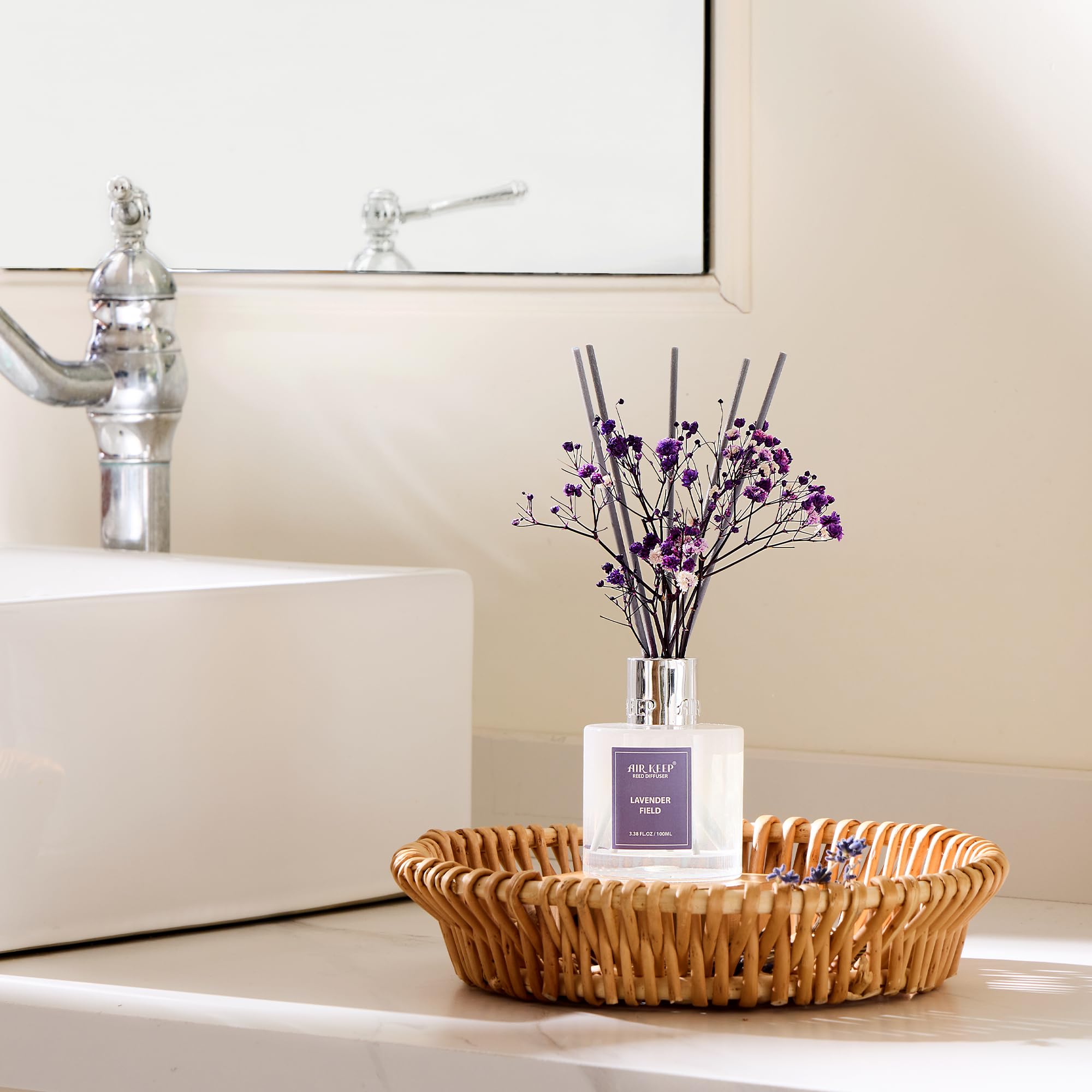 Airkeep Reed Diffuser Set,3.38 fl oz (100 ml) - Clean Linen Oil Diffusers with 8 Reed Sticks,Home Fragrance Reed Diffuser for Bathroom Shelf Decor