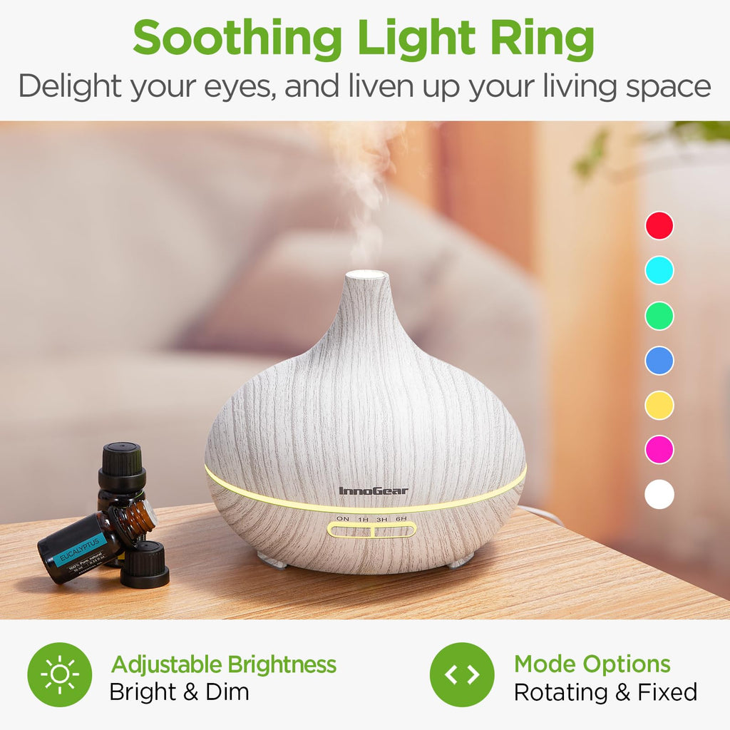 InnoGear Aromatherapy Diffuser & 10 Essential Oils Set, 400ml Diffuser Ultrasonic Diffuser Cool Mist Humidifier with 4 Timers 7 Colors Light Waterless Auto Off for Large Room Office, Dark Wood Grain