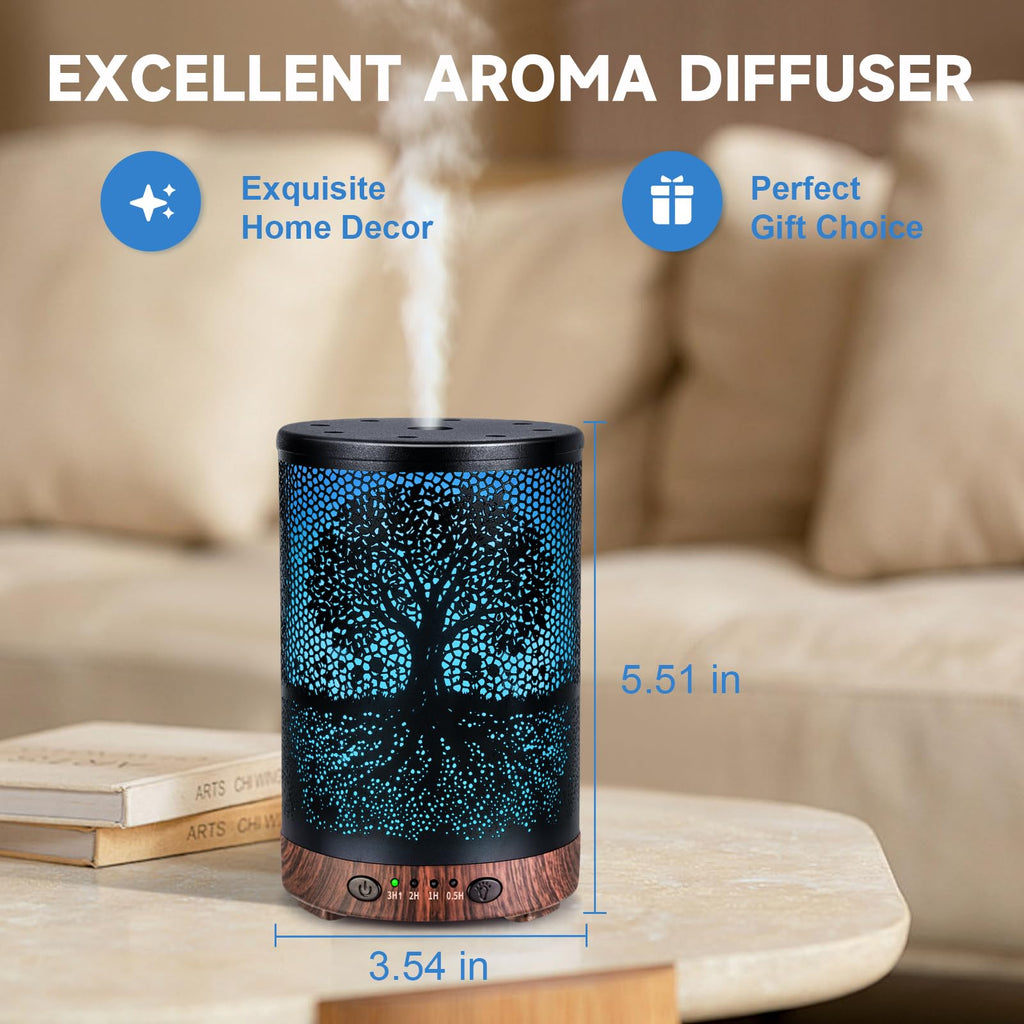 Essential Oil Diffuser 120ML Metal Aromatherapy Diffuser with Timer, Cool Mist Humidifier with Auto Shut-Off & 7 Color Lights for Home Office Spa (Tree)