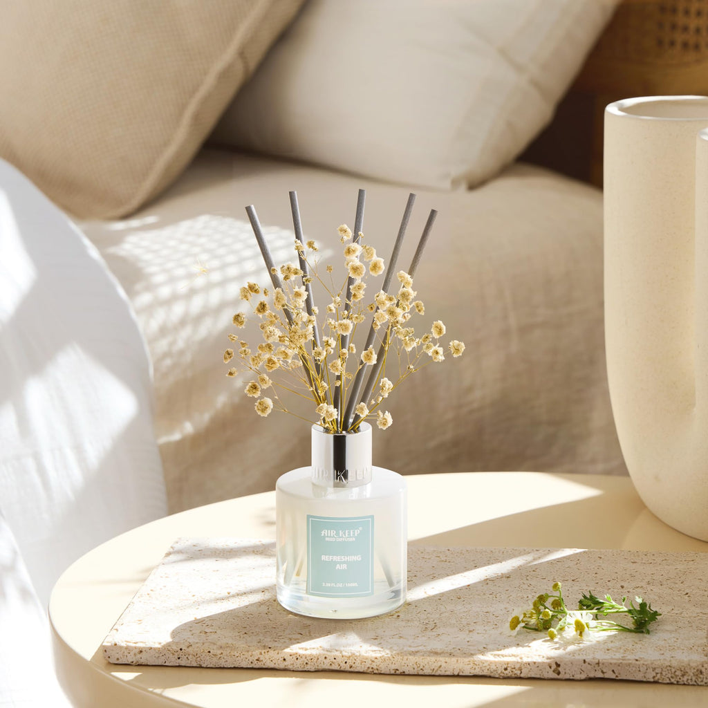 Airkeep Reed Diffuser Set,3.38 fl oz (100 ml) - Clean Linen Oil Diffusers with 8 Reed Sticks,Home Fragrance Reed Diffuser for Bathroom Shelf Decor