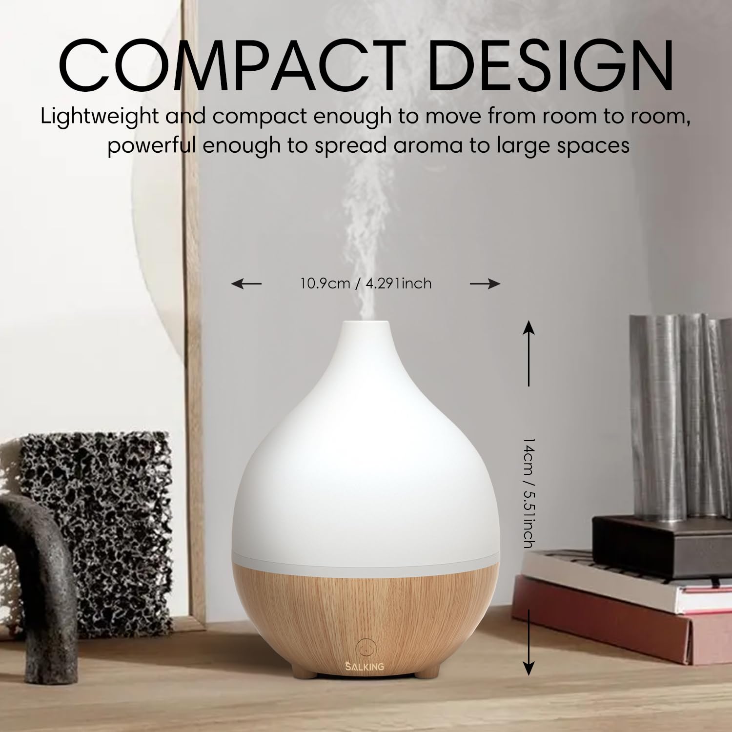 SALKING Essential Oil Diffuser, 100ml Small Aromatherapy Diffuser with Auto Shut-Off Function, Ultrasonic Diffusers for Essential Oils, Cool Mist Humidifier with Warm White Lights, for Office Home