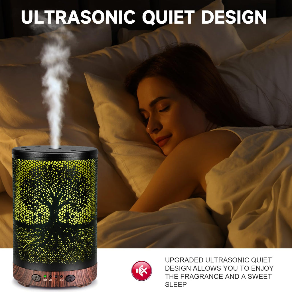 Essential Oil Diffuser 120ML Metal Aromatherapy Diffuser with Timer, Cool Mist Humidifier with Auto Shut-Off & 7 Color Lights for Home Office Spa (Tree)