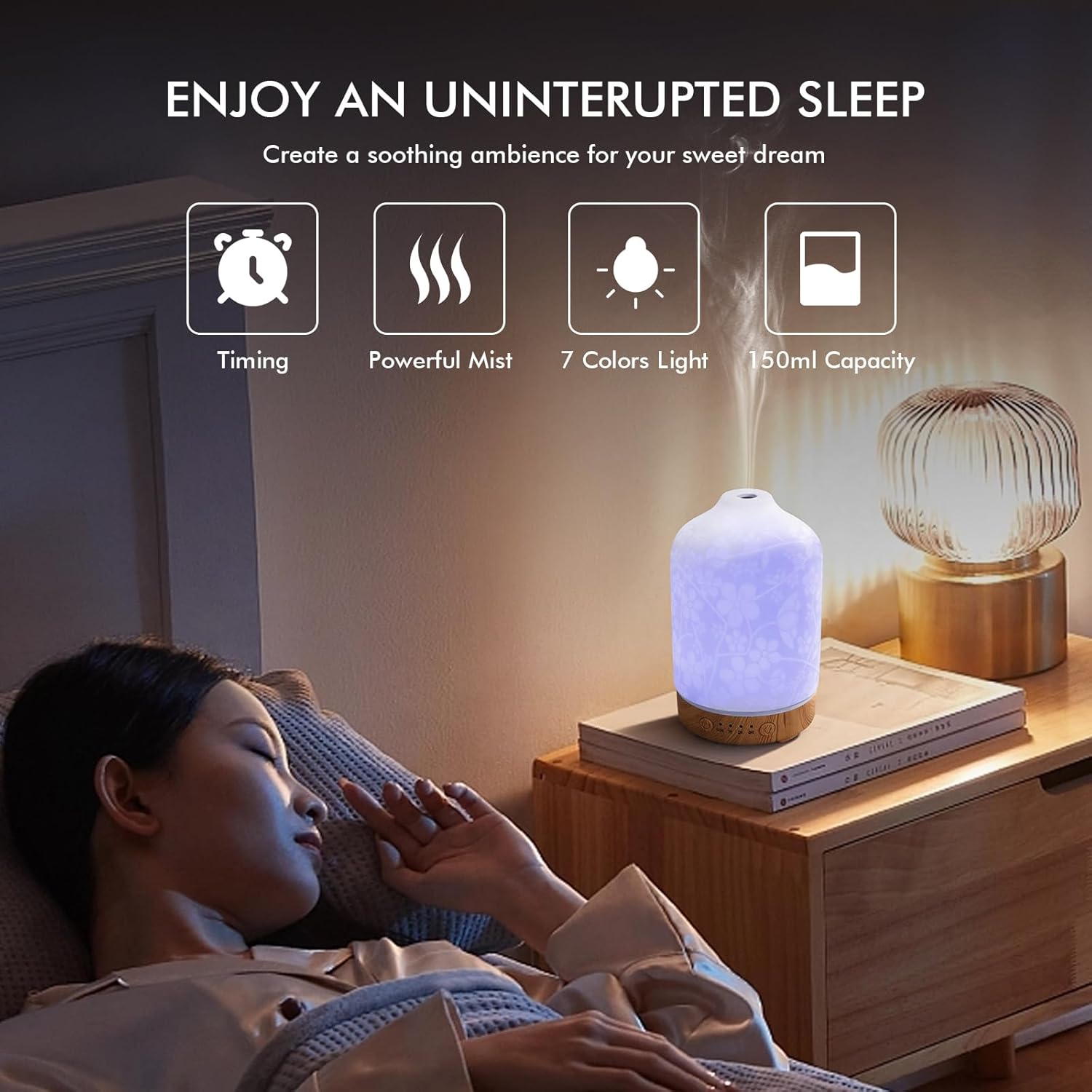 Aromatherapy Essential Oil Diffuser 150ml Ceramic Ultrasonic Aroma Oil Diffuser Humidifier Whisper Quiet Timer Setting 7 LED Colors Changing Lights for Home Office (Cherry Blossom)