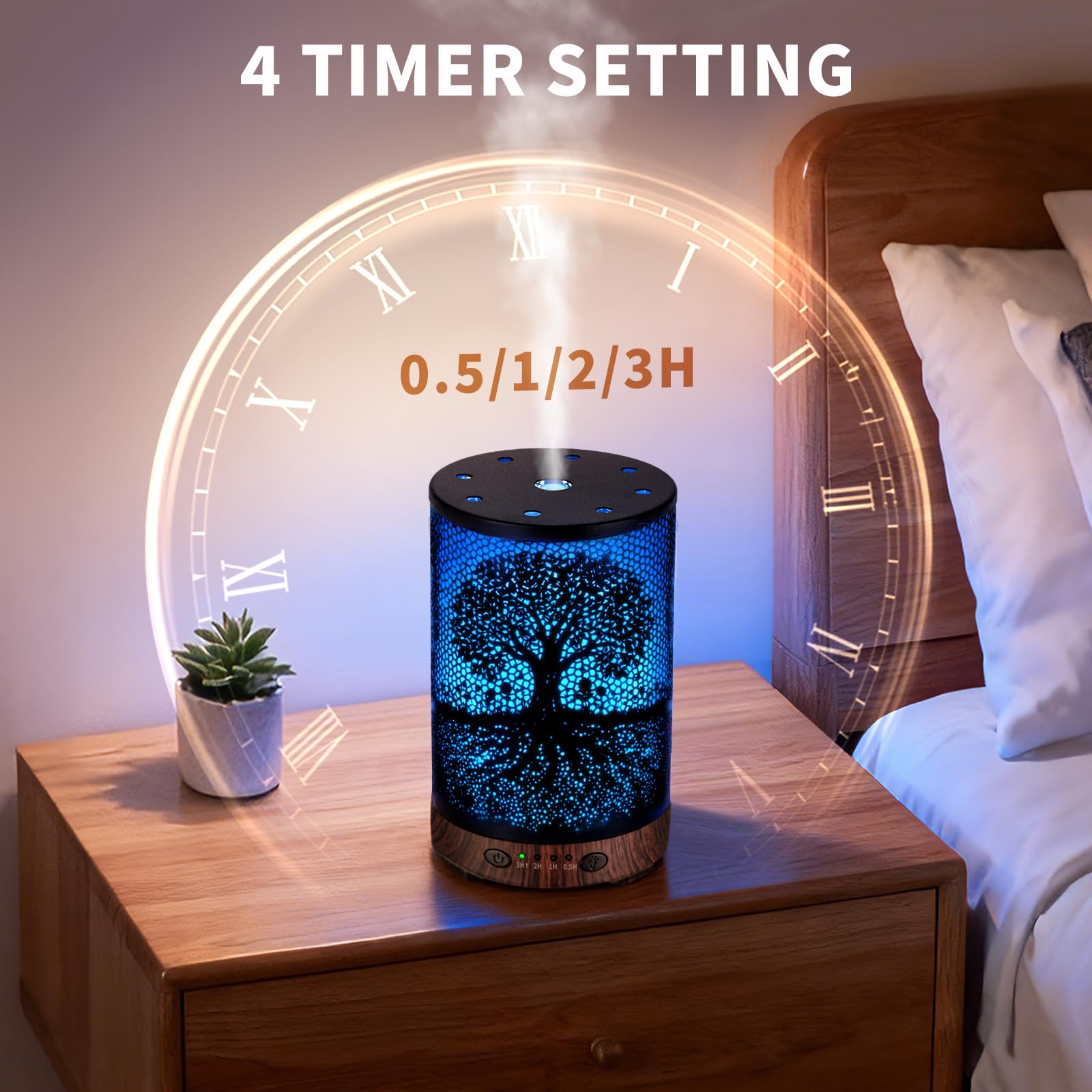 Essential Oil Diffuser 120ML Metal Aromatherapy Diffuser with Timer, Cool Mist Humidifier with Auto Shut-Off & 7 Color Lights for Home Office Spa (Tree)