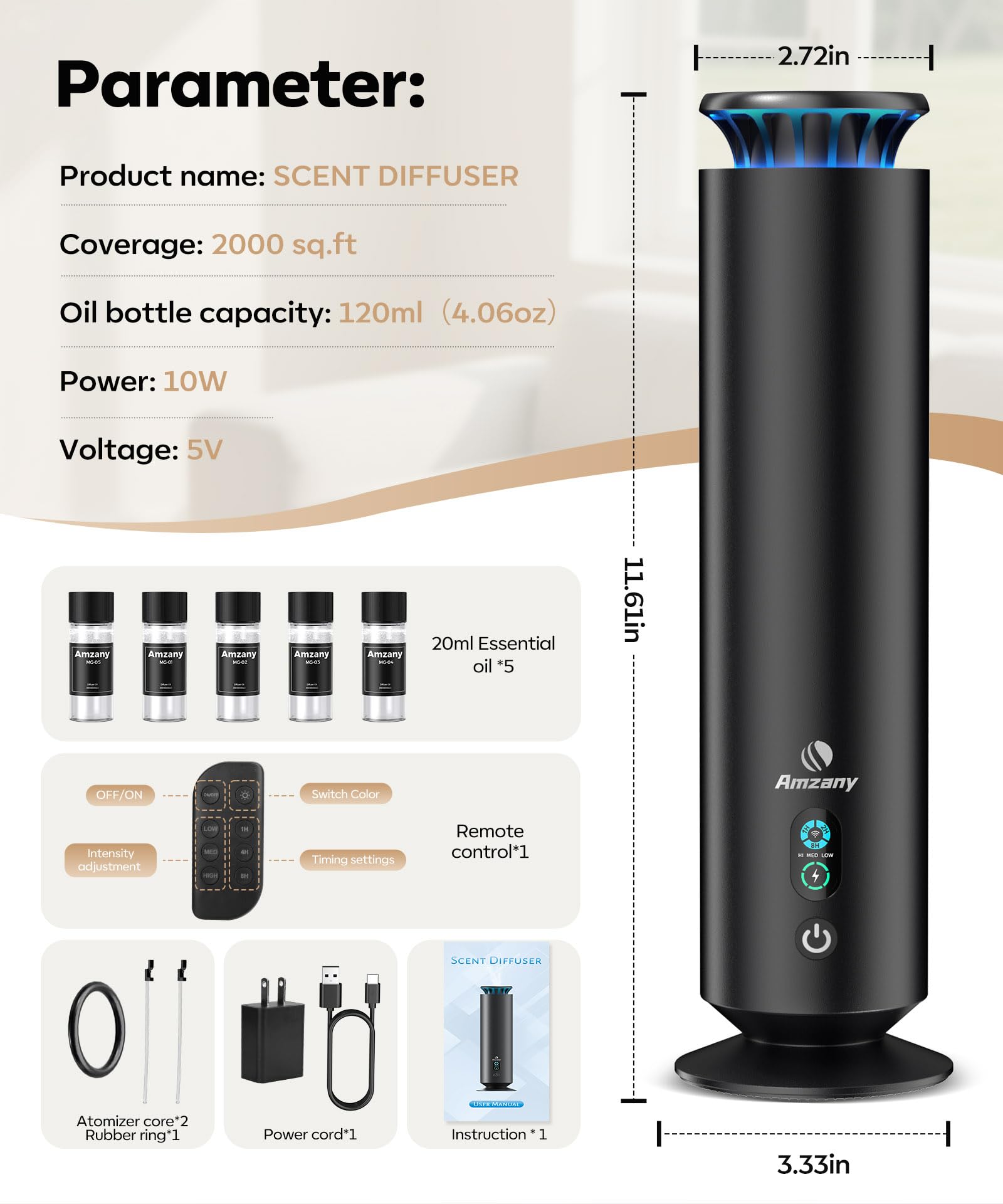 Waterless Scent Diffuser Kit,Scent Diffuser with 7 Lights and Breathing Lights Modes,Max Coverage 2000 sq.ft.Home,Offices,Hotels and Spas Aromatherapy Diffuser Included 5 Scent Oils Remote Control