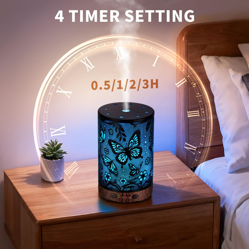 Essential Oil Diffuser 120ML Metal Aromatherapy Diffuser with Timer, Cool Mist Humidifier with Auto Shut-Off & 7 Color Lights for Home Office Spa (Tree)