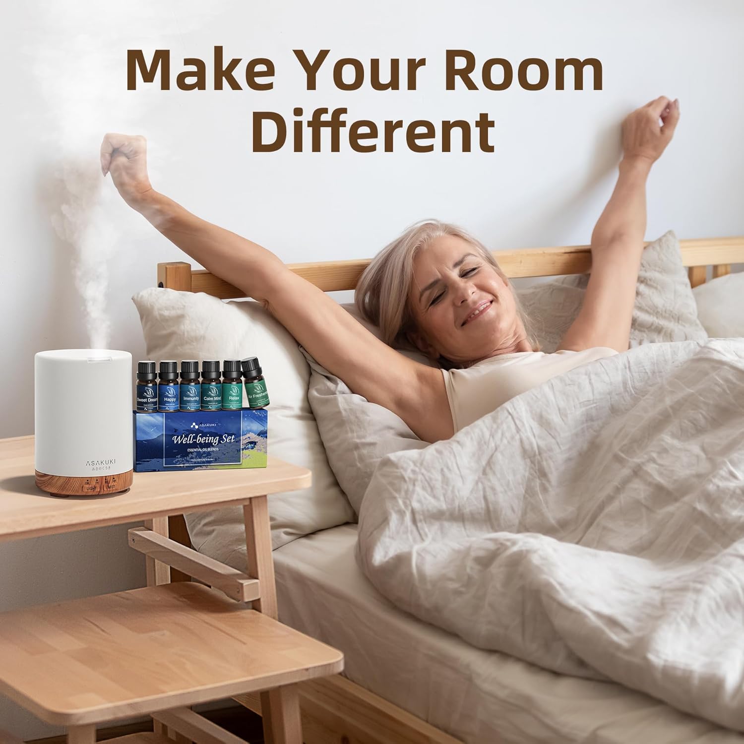 ASAKUKI 300ML Essential Oil Diffuser, Quiet 5-in-1 Premium Humidifier, Valentine's Day Gift, Home Fragrance Aroma Diffuser with 7 LED Color Changing Light and Auto-Off Switch -Light Brown