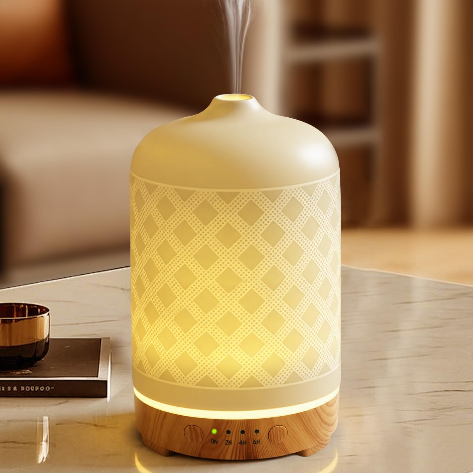 Essential Oil Diffuser 200ml-Ultrasonic Aroma Diffuser with 4 Timers, Aromatherapy Diffuser 7 Color LED Lights with Auto Shut-Off Protection for Home Office Yoga Valentine Gift (Ceramic White)