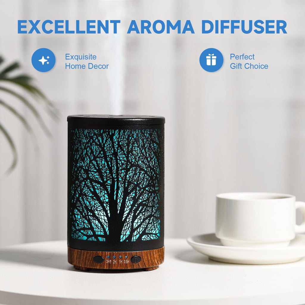 Essential Oil Diffuser 120ML Metal Aromatherapy Diffuser with Timer, Cool Mist Humidifier with Auto Shut-Off & 7 Color Lights for Home Office Spa (Tree)