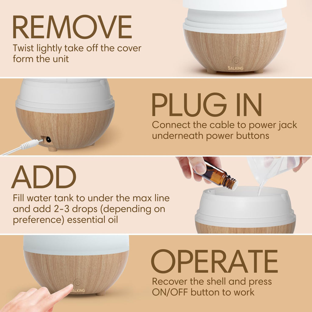SALKING Essential Oil Diffuser, 100ml Small Aromatherapy Diffuser with Auto Shut-Off Function, Ultrasonic Diffusers for Essential Oils, Cool Mist Humidifier with Warm White Lights, for Office Home