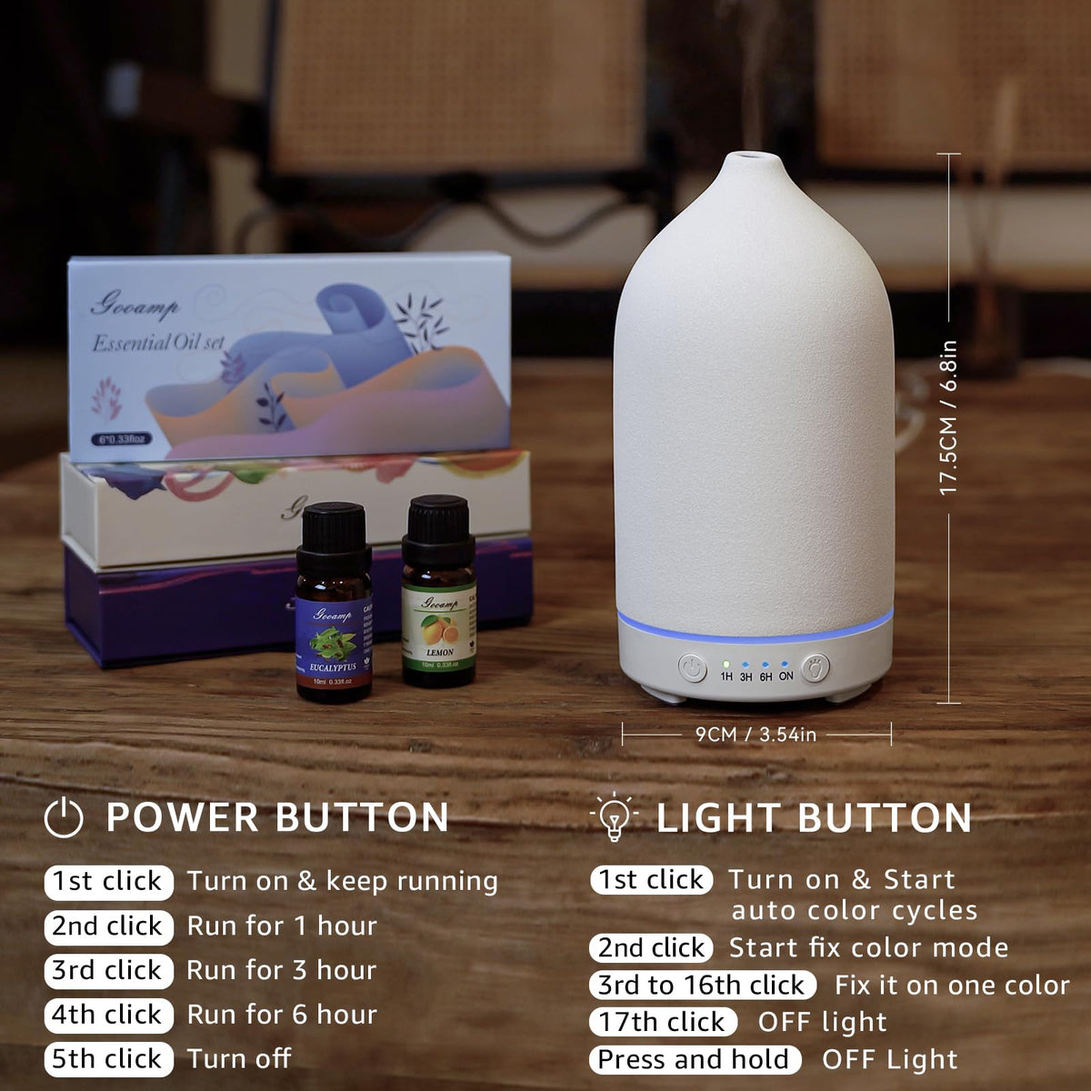 200ML Ceramic Essential Oil Diffuser - Ultrasonic Aromatherapy & Humidifier with 7-Color LED Lights, Auto Shut-Off, Wood Grain Base, 1H/3H/6H Timer | Scent for Home, Office, Yoga