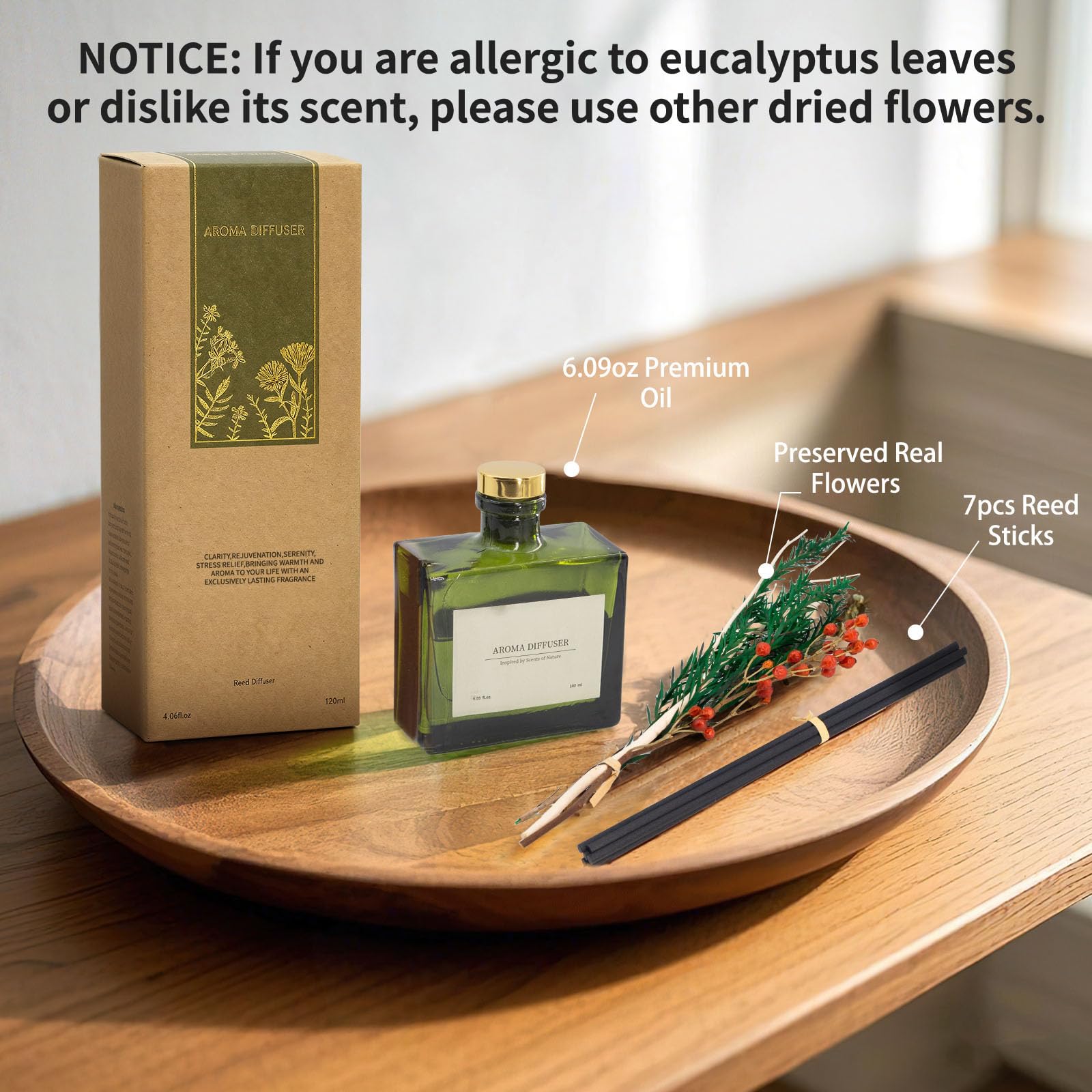 Reed Diffuser, 4 oz Earthy Sandalwood Scent Diffuser with 7 Sticks, Long Lasting Reed diffusers for Home, Elegant Fragrance for Bathroom Bedroom Office Decor, Air Fresh