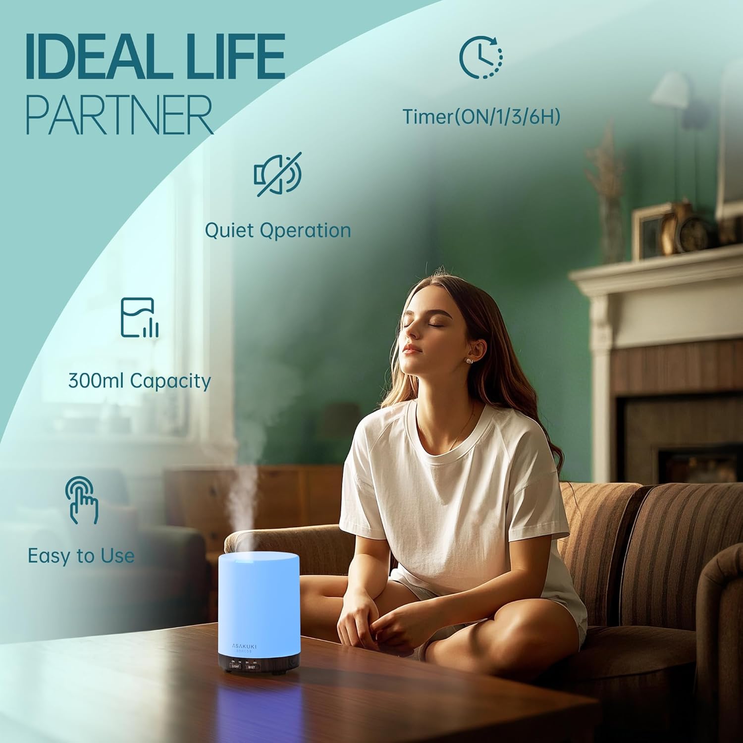 ASAKUKI 300ML Essential Oil Diffuser, Quiet 5-in-1 Premium Humidifier, Valentine's Day Gift, Home Fragrance Aroma Diffuser with 7 LED Color Changing Light and Auto-Off Switch -Light Brown