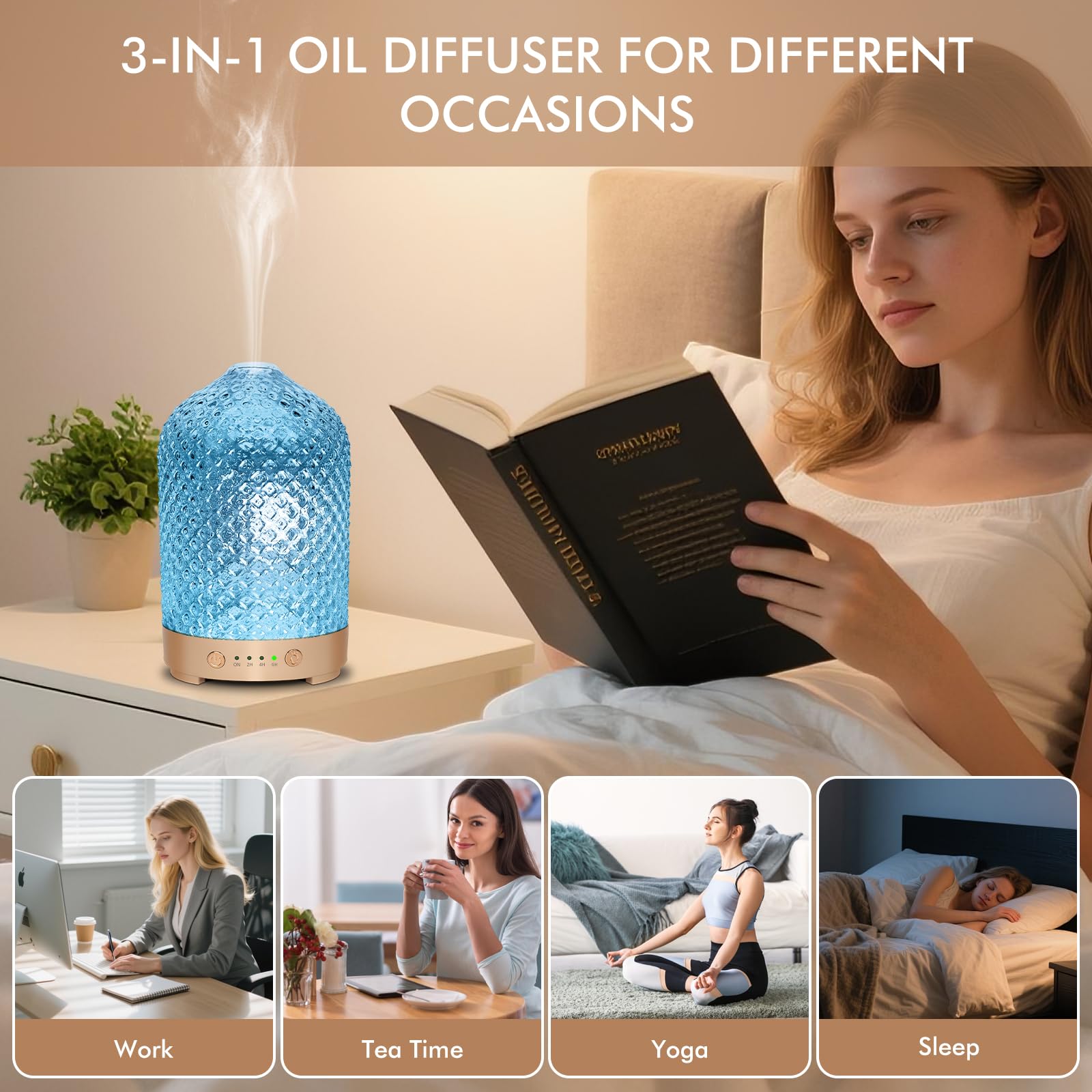 Essential Oil Diffuser 200ml-Ultrasonic Aroma Diffuser with 4 Timers, Aromatherapy Diffuser 7 Color LED Lights with Auto Shut-Off Protection for Home Office Yoga Valentine Gift (Ceramic White)