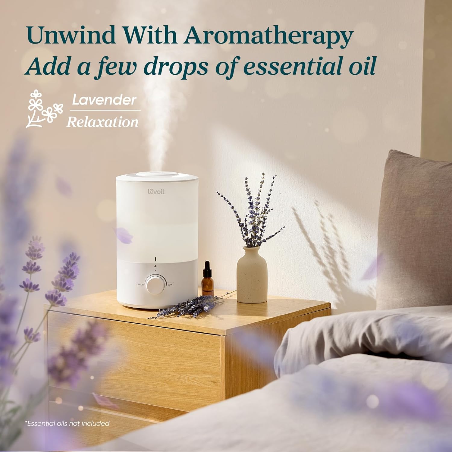 LEVOIT - Humidifiers for Bedroom - Quiet (3L Water Tank) - Cool Mist/Top Fill/Essential Oil Diffuser/25Watt - Home/Large Room - 360° Nozzle - Rapid Ultrasonic Humidification for Baby Nursery/Plant