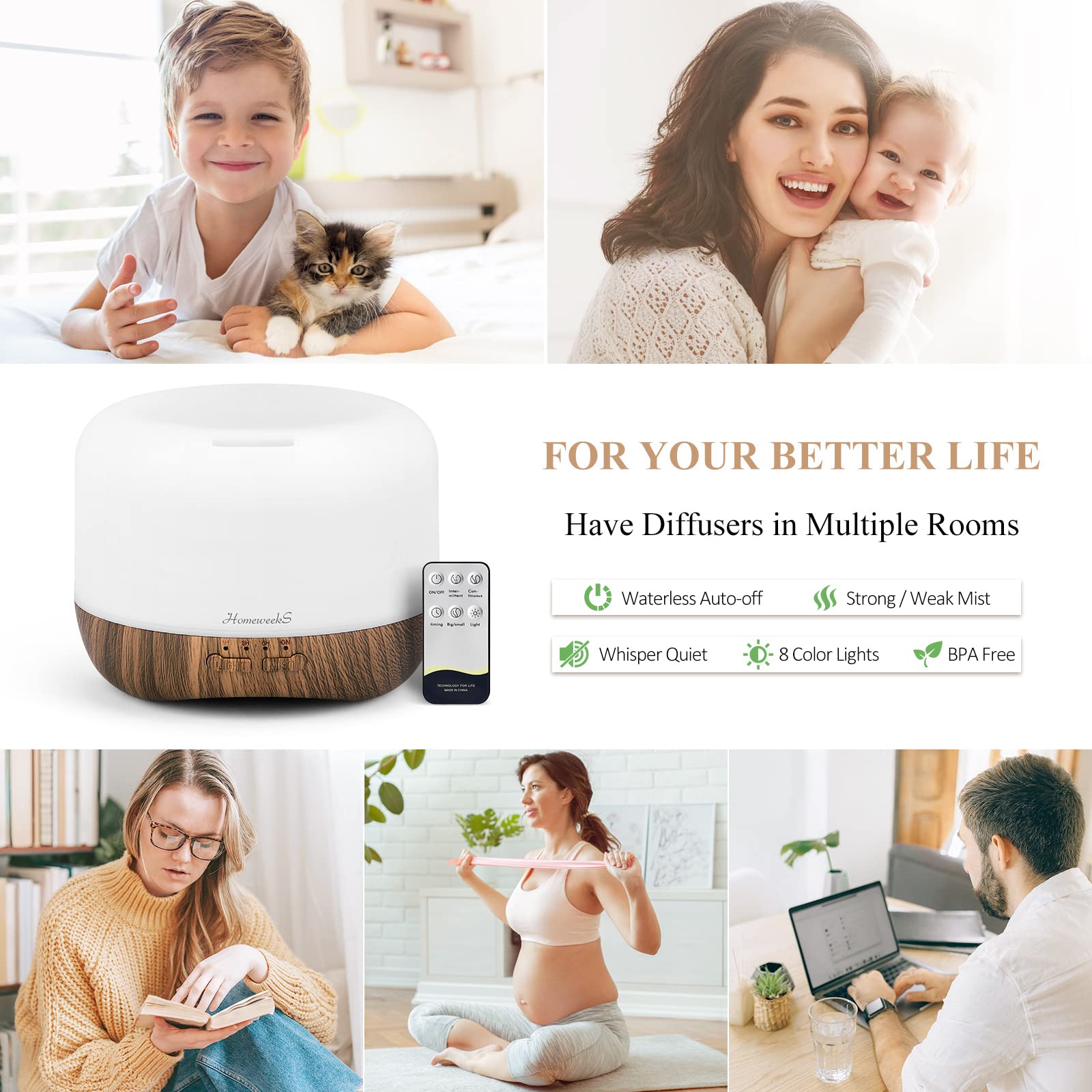 Homeweeks 300ml Essential Oil Diffuser, Quiet Aromatherapy Mist Diffusers for Essential Oils, Wood Grain, Ultrasonic, Remote Control, Timer, 7 Colors Light for Bedroom (300ml)